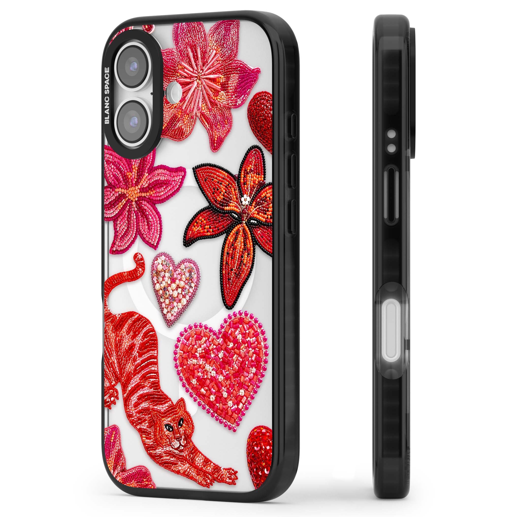 Beaded Boho floral iPhone case featuring beaded red lilies, a stitched tiger, and pearl-encrusted hearts on clear | Black Impact Magsafe case for iPhone 17