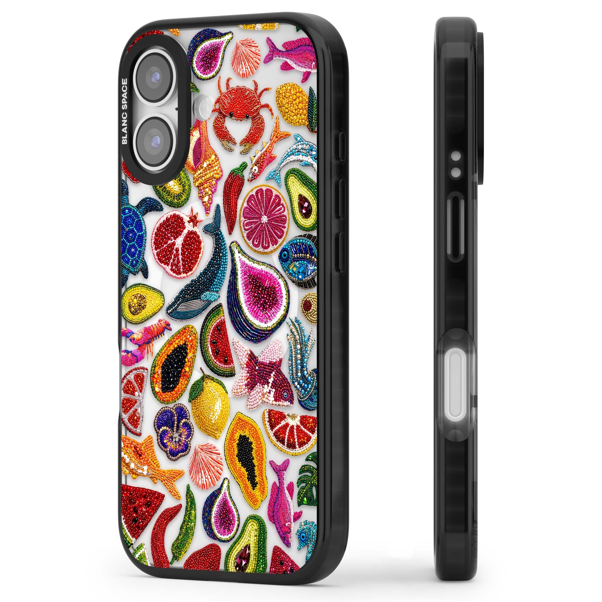 Beaded Tropic tropical iPhone case featuring beaded fruit, fish, crabs and seashells in vibrant colour | Black Impact Magsafe case for iPhone 17