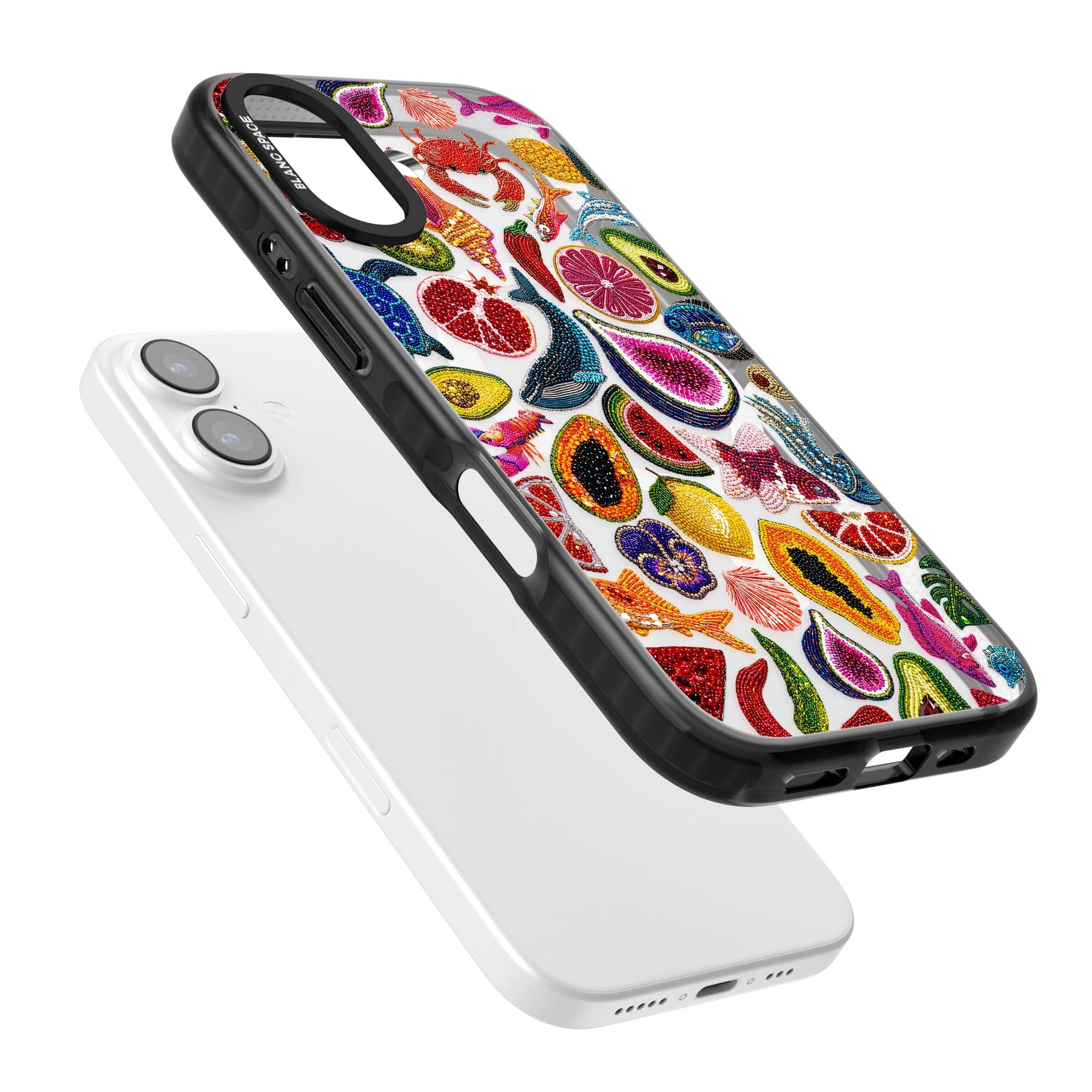 Beaded Tropic tropical iPhone case featuring beaded fruit, fish, crabs and seashells in vibrant colour | Black Impact Magsafe case for iPhone 17