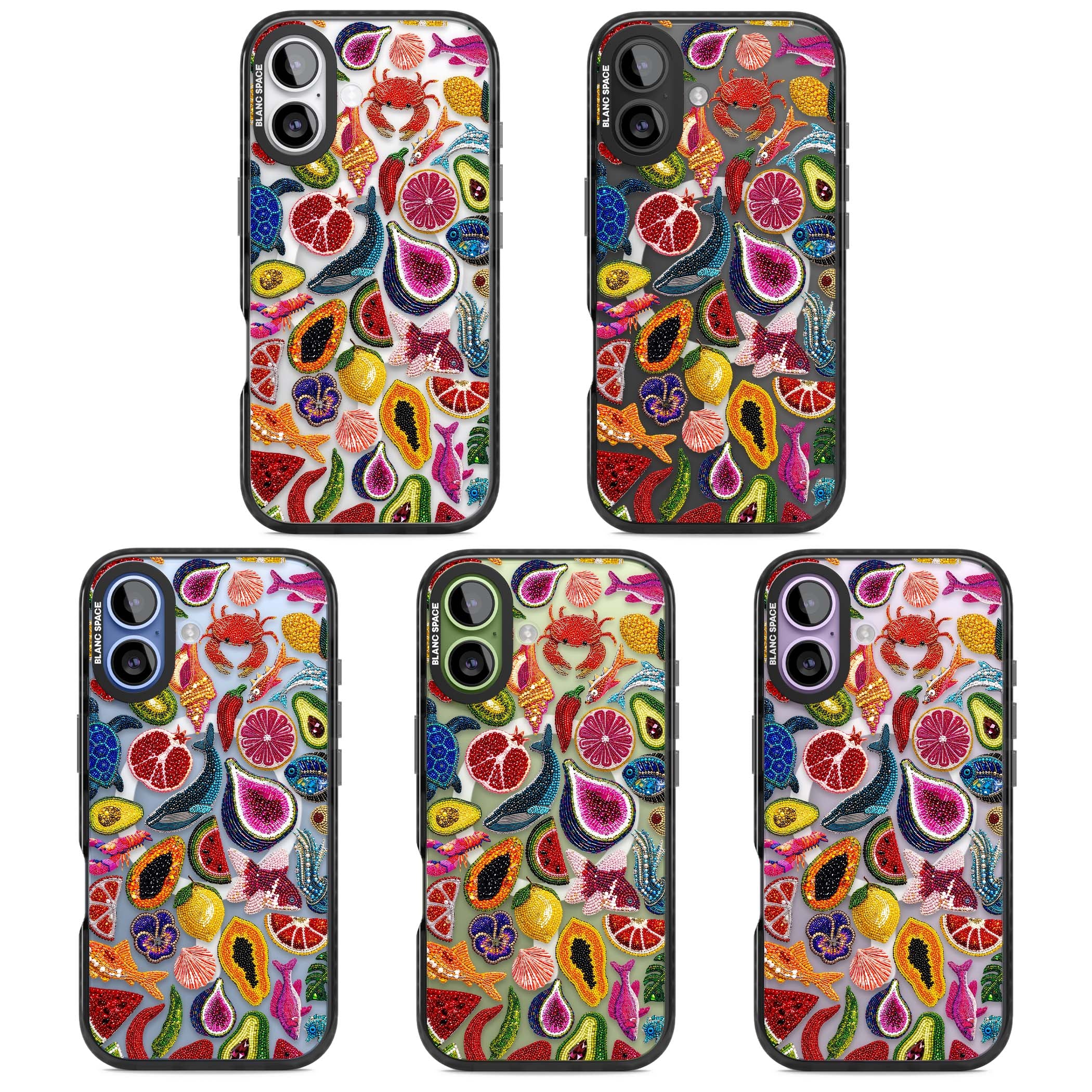 Beaded Tropic tropical iPhone case featuring beaded fruit, fish, crabs and seashells in vibrant colour | Black Impact Magsafe case for iPhone 17