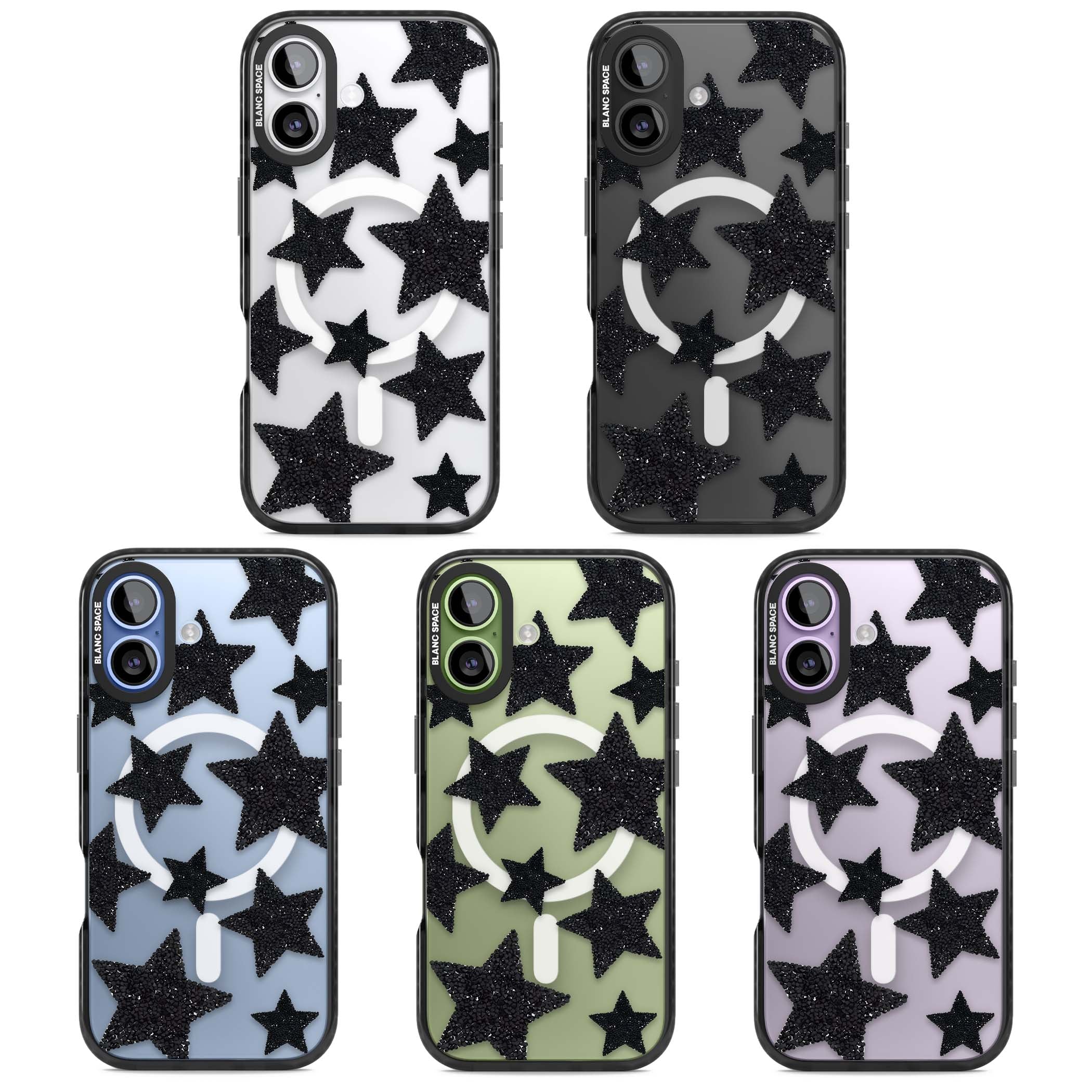 Beaded Black Stars celestial iPhone case featuring black glitter beaded stars scattered on a clear background | Black Impact Magsafe case for iPhone 17