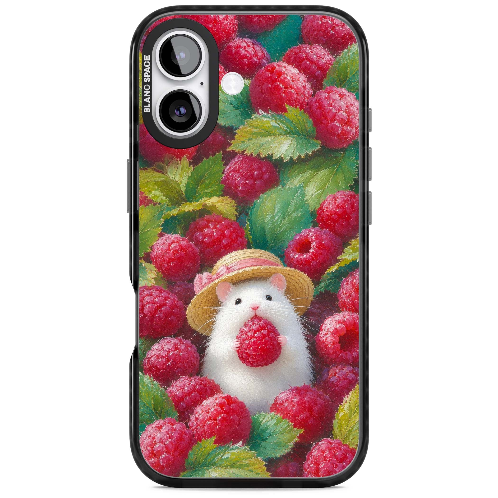 Berry Forager cottagecore iPhone case featuring a white hamster in a straw hat holding a raspberry surrounded by ripe ber | Black Impact Magsafe case for iPhone 17
