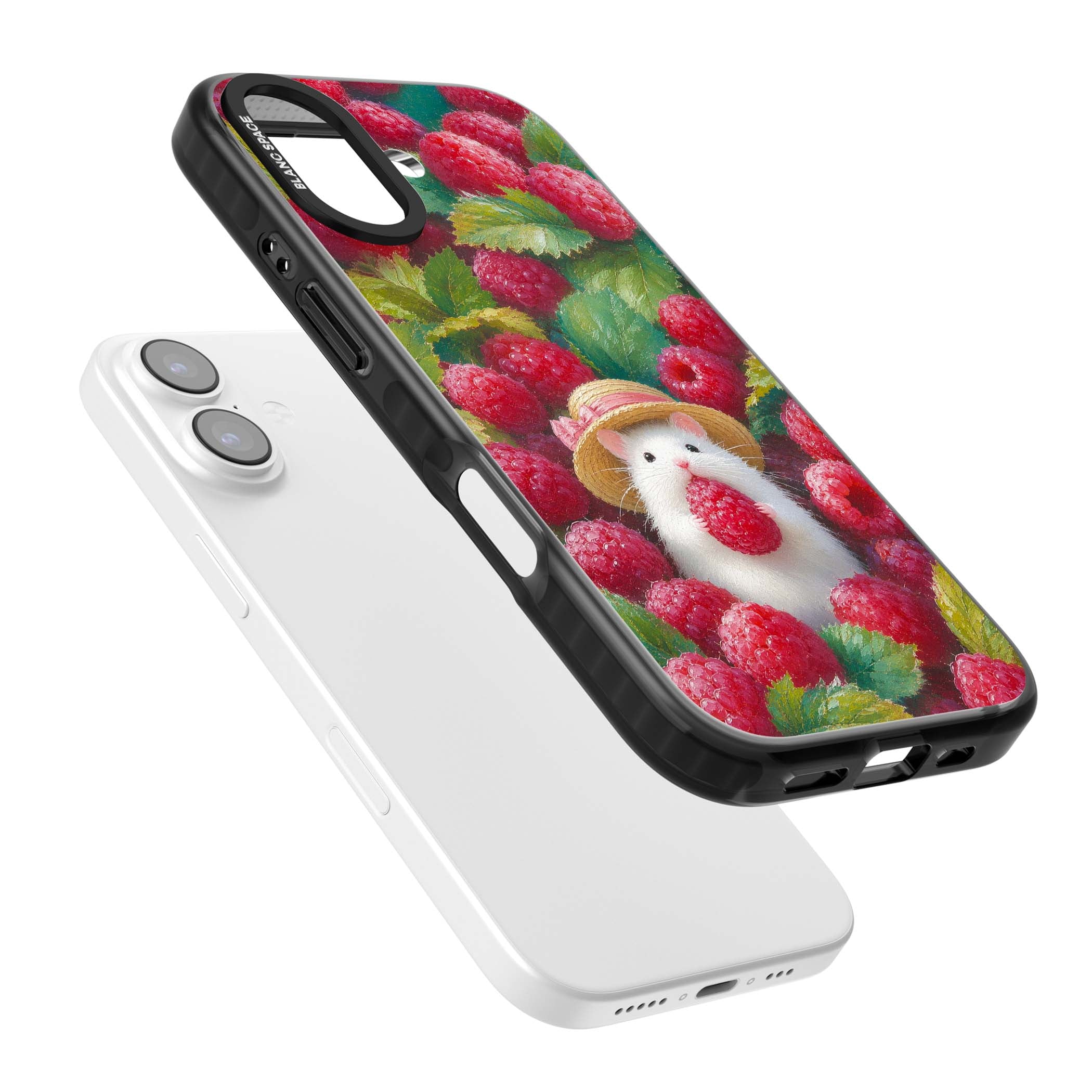 Berry Forager cottagecore iPhone case featuring a white hamster in a straw hat holding a raspberry surrounded by ripe ber | Black Impact Magsafe case for iPhone 17