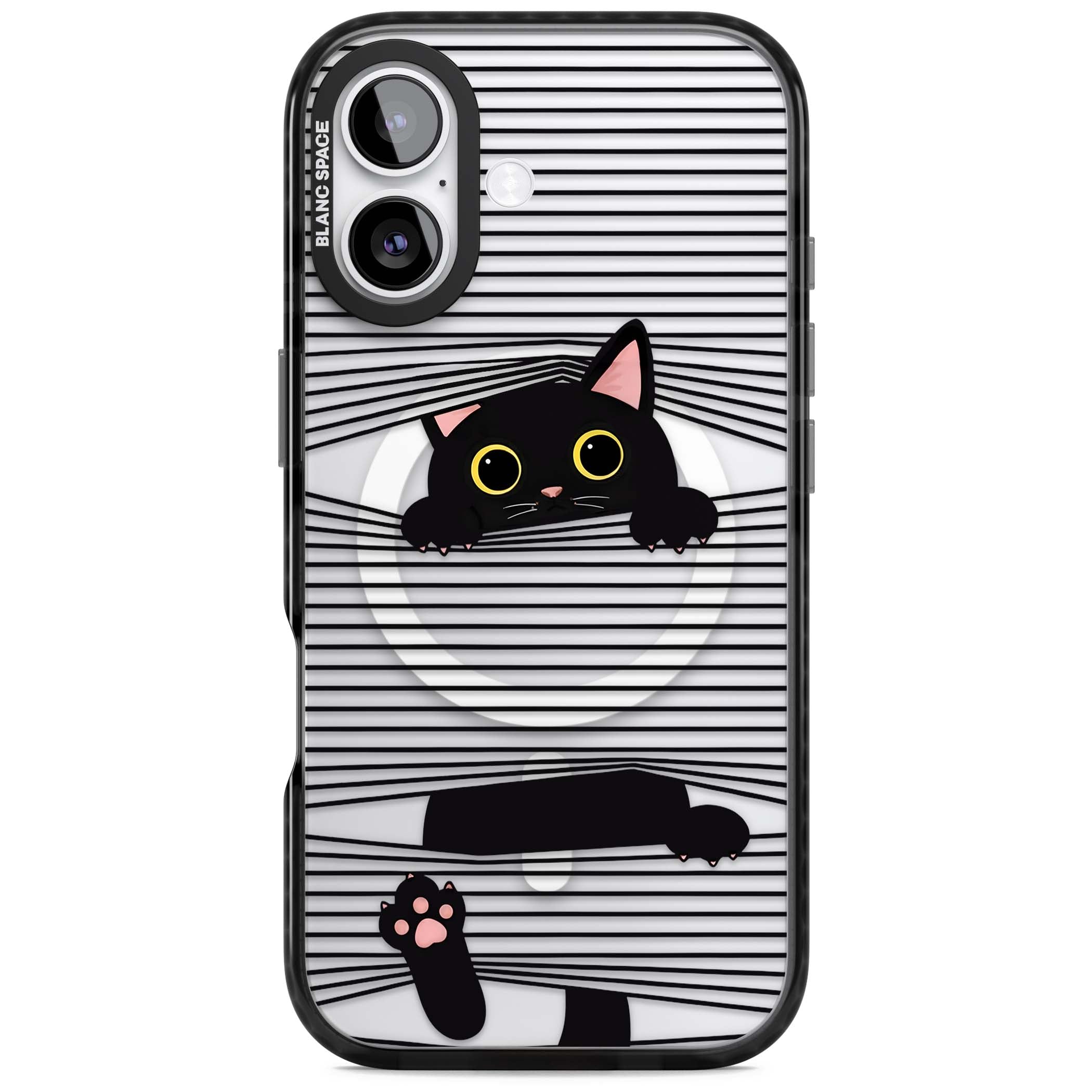 Peek-a-Boo Cat minimal iPhone case featuring black cat peeking through horizontal black and white stripes | Black Impact Magsafe case for iPhone 17