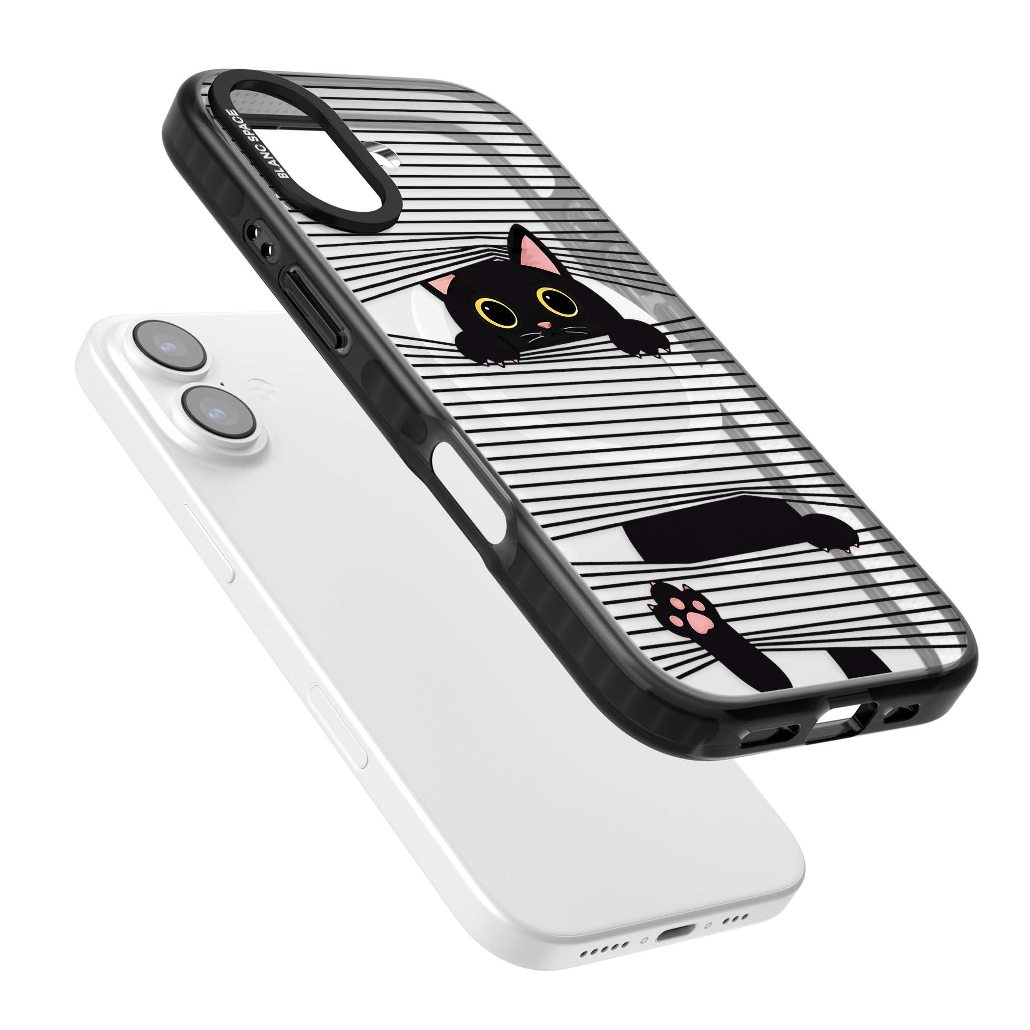 Peek-a-Boo Cat minimal iPhone case featuring black cat peeking through horizontal black and white stripes | Black Impact Magsafe case for iPhone 17