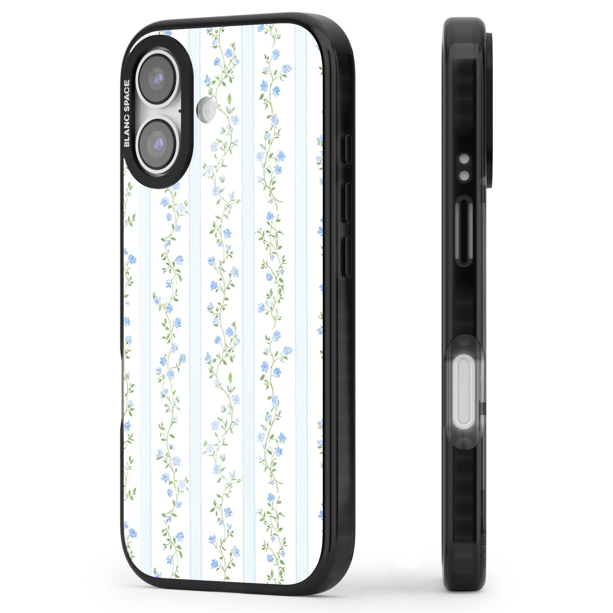 Bluebell Vine cottagecore iPhone case featuring climbing blue roses, trailing green vines, and pale ticking stripes | Black Impact Magsafe case for iPhone 17