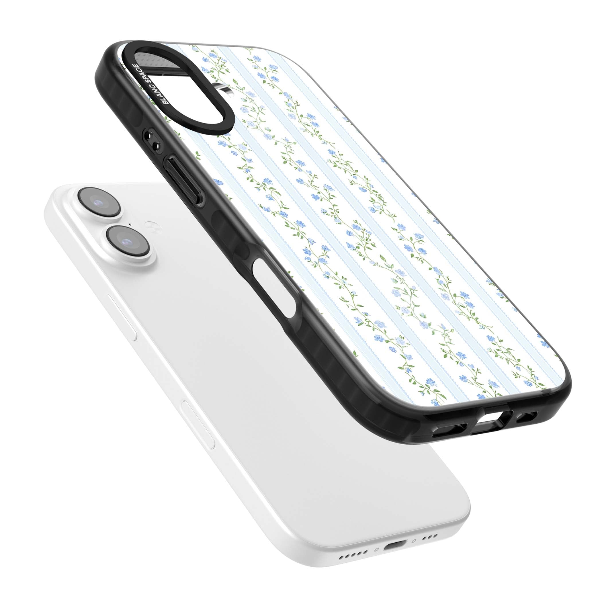 Bluebell Vine cottagecore iPhone case featuring climbing blue roses, trailing green vines, and pale ticking stripes | Black Impact Magsafe case for iPhone 17