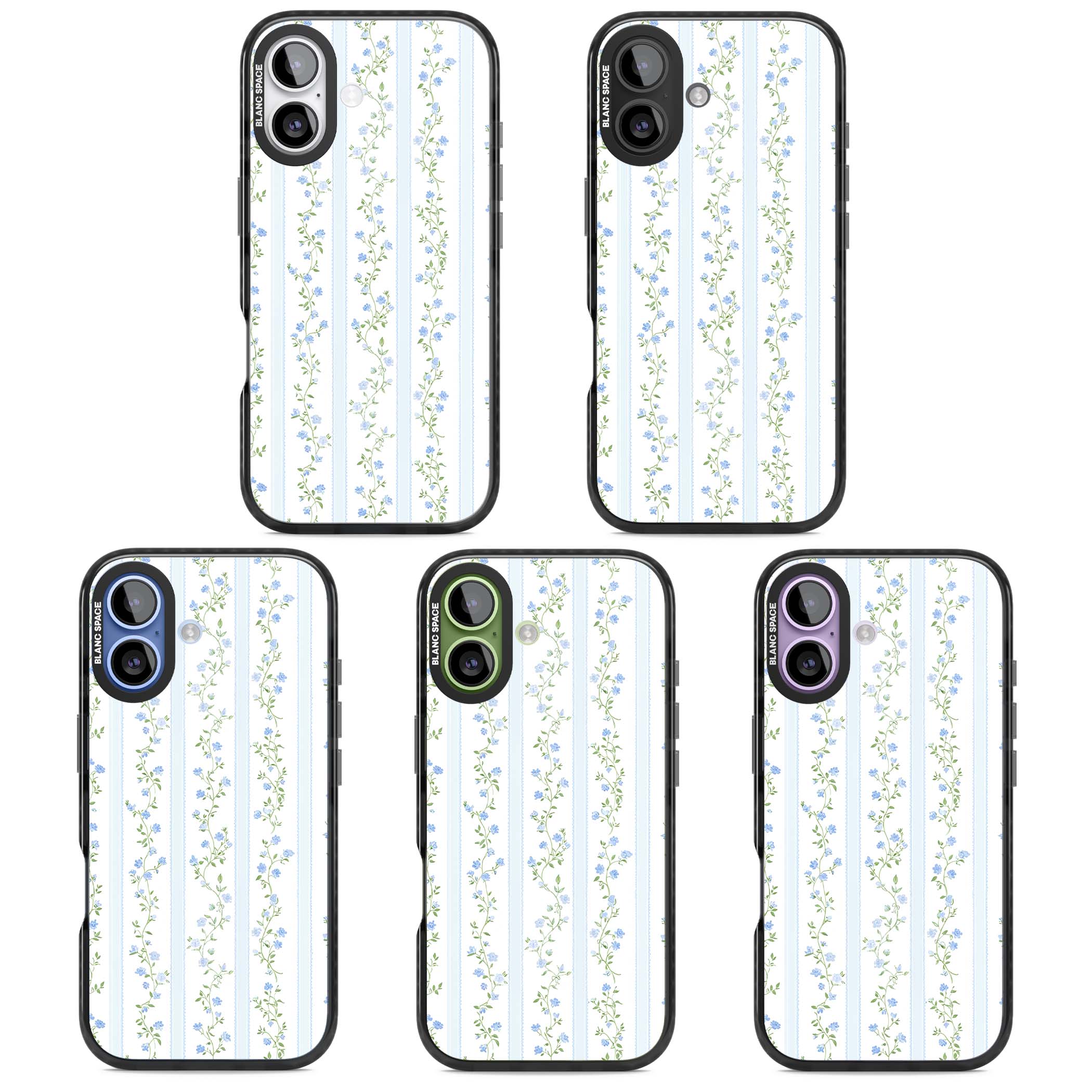 Bluebell Vine cottagecore iPhone case featuring climbing blue roses, trailing green vines, and pale ticking stripes | Black Impact Magsafe case for iPhone 17