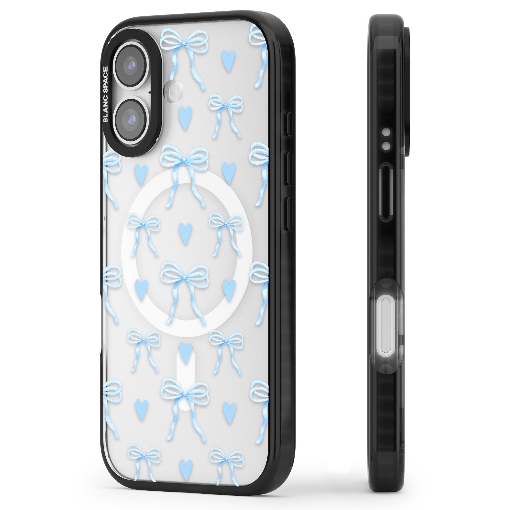 Blue Bows & Hearts iPhone 17 Impact Pro Black Phone Case Side Profile