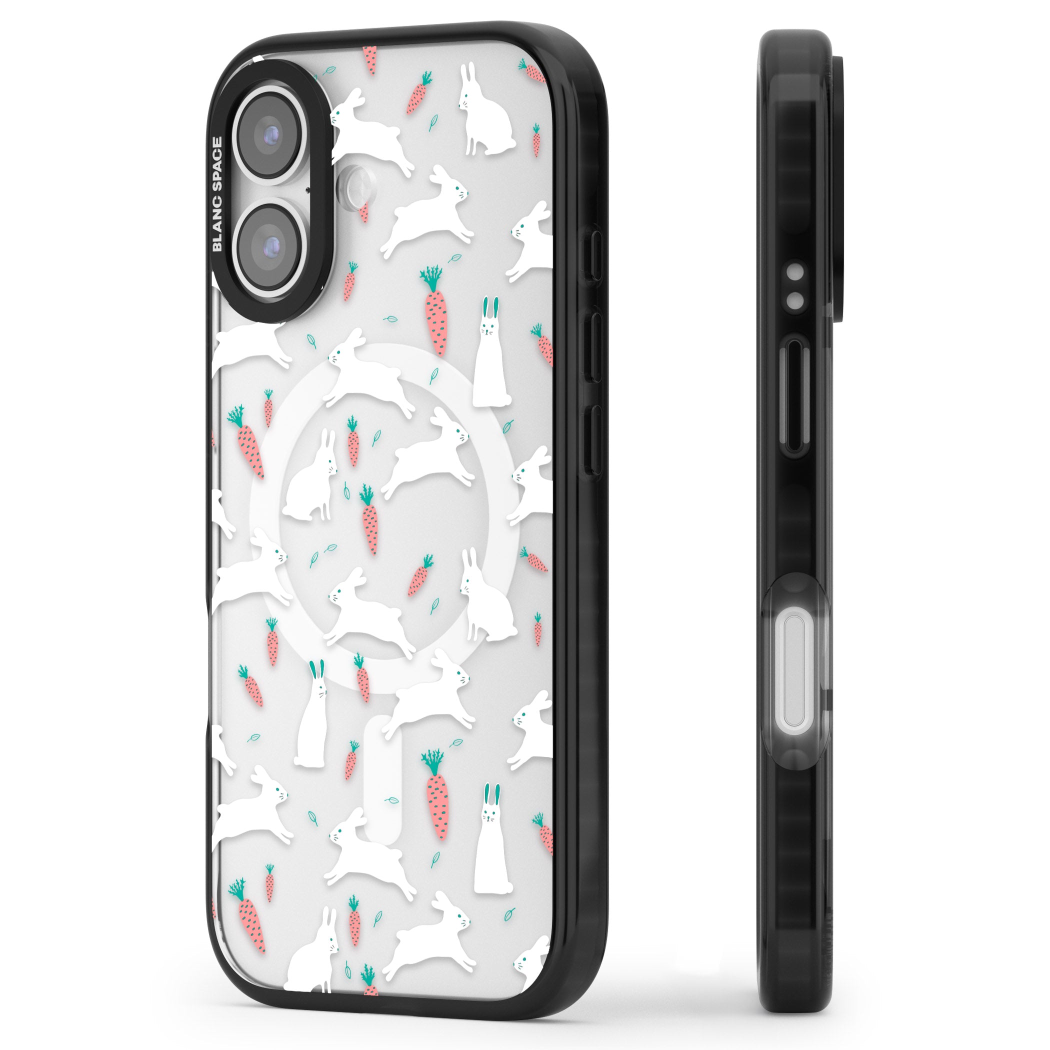 White Bunnies And Carrots iPhone 17 Impact Pro Black Phone Case Side Profile
