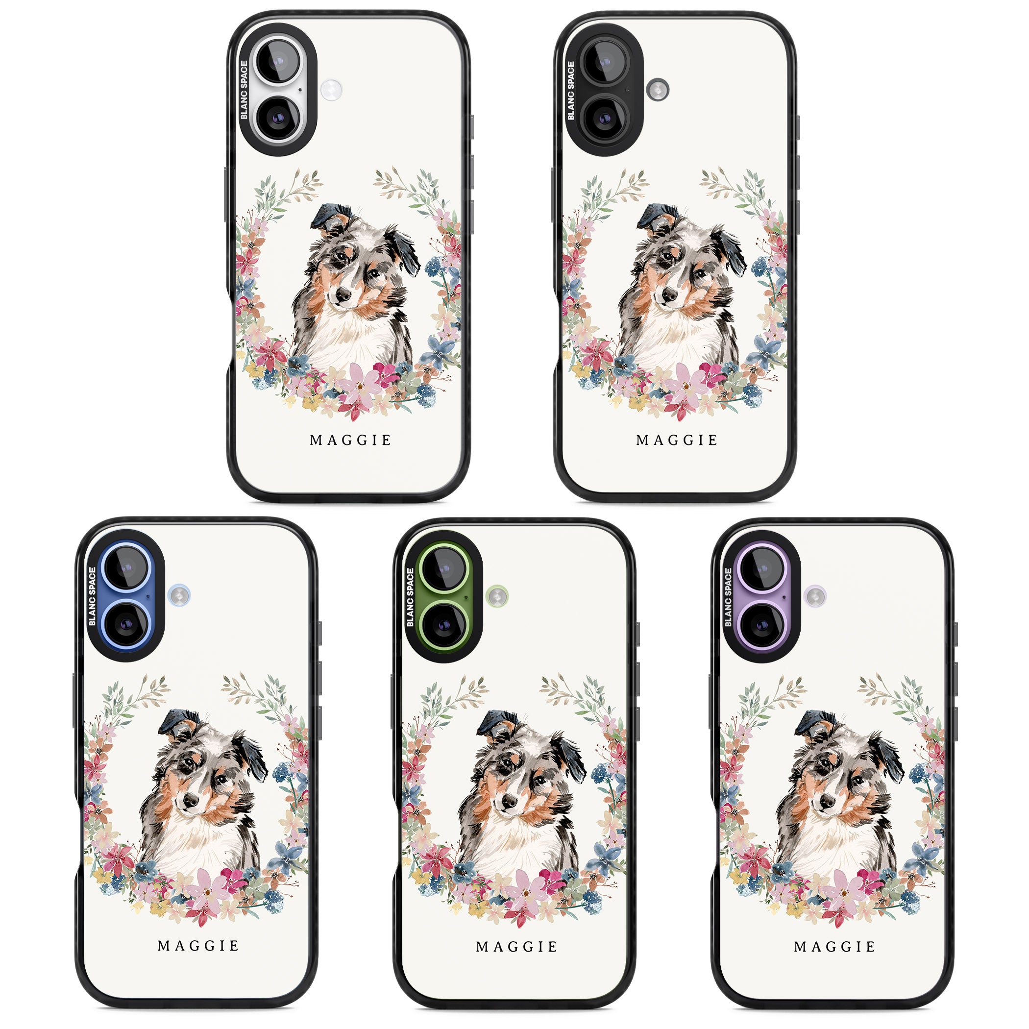 Personalised Australian Shepherd Floral Portrait iPhone 17 Impact Pro Black Phone Case APT Impact Protection