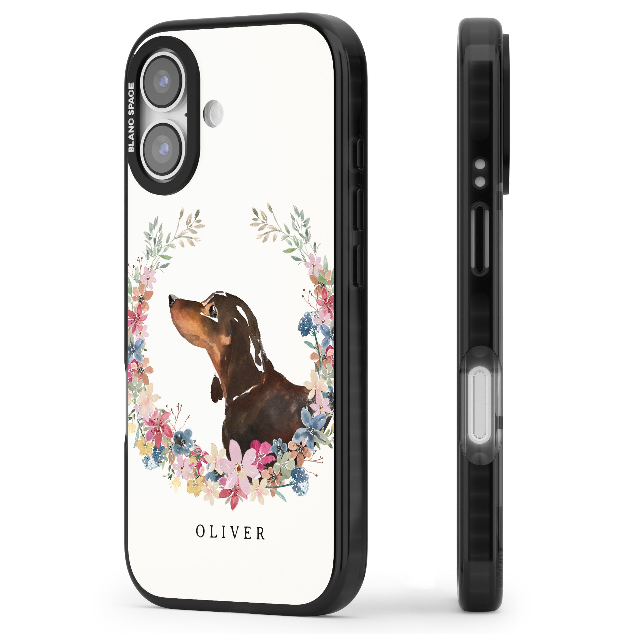 Personalised Black & Tan Dachshund Floral Portrait iPhone 17 Impact Pro Black Phone Case Side Profile