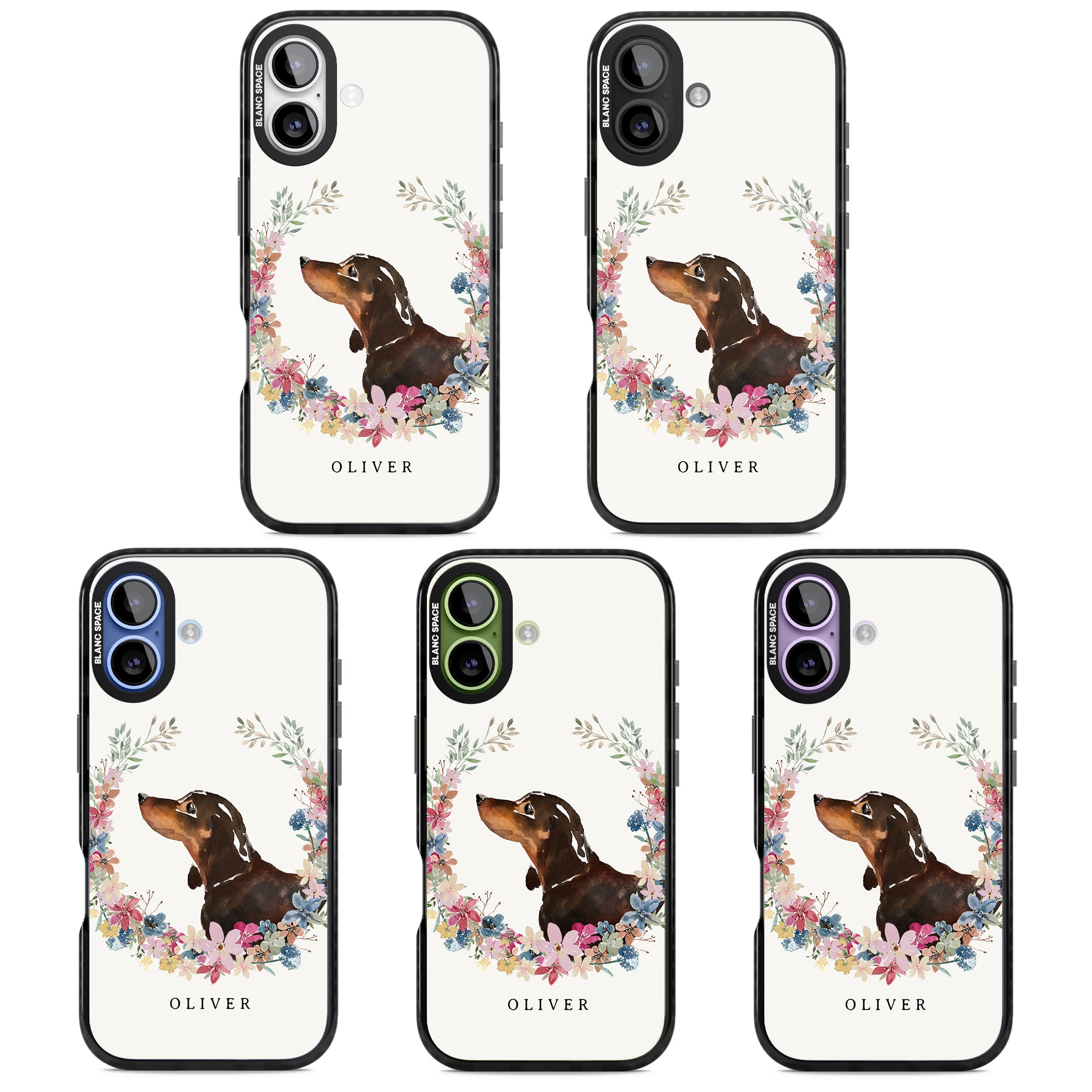 Personalised Black & Tan Dachshund Floral Portrait iPhone 17 Impact Pro Black Phone Case APT Impact Protection