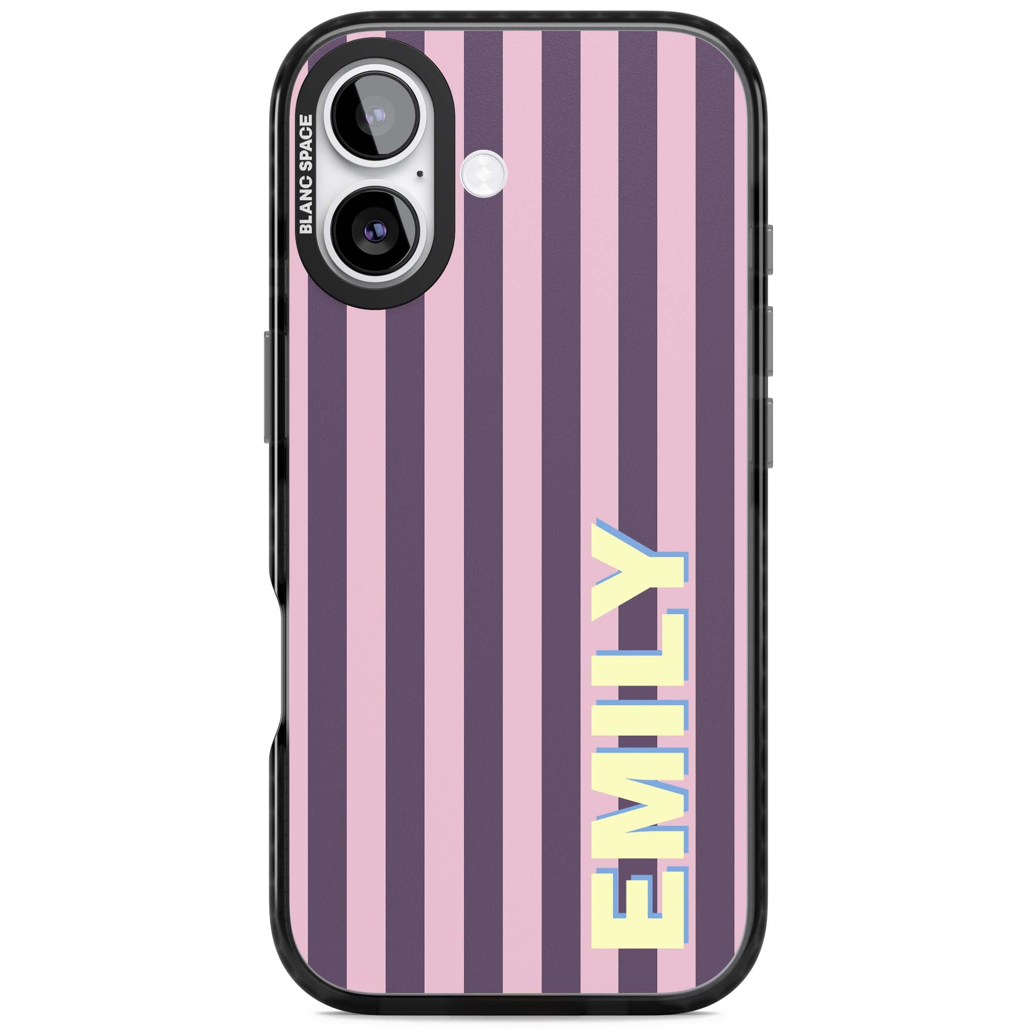 Tyre Stripe personalised stripe iPhone case with plum and pink vertical stripes and custom yellow name | Black Impact Magsafe case for iPhone 17