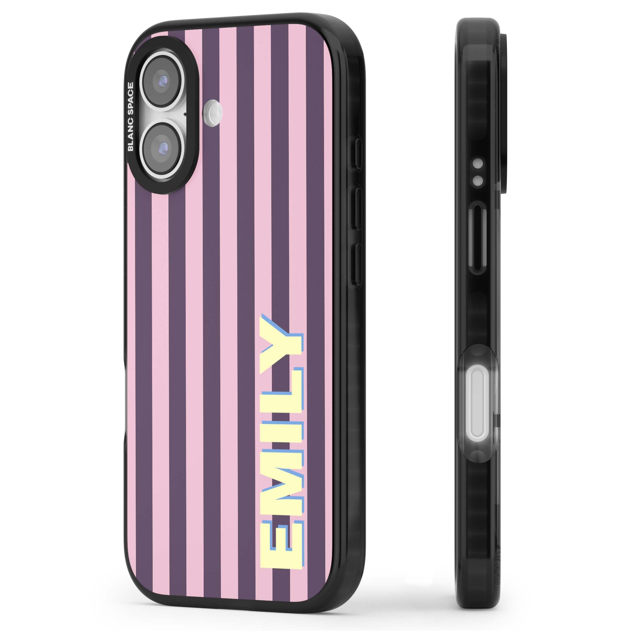 Tyre Stripe personalised stripe iPhone case with plum and pink vertical stripes and custom yellow name | Black Impact Magsafe case for iPhone 17