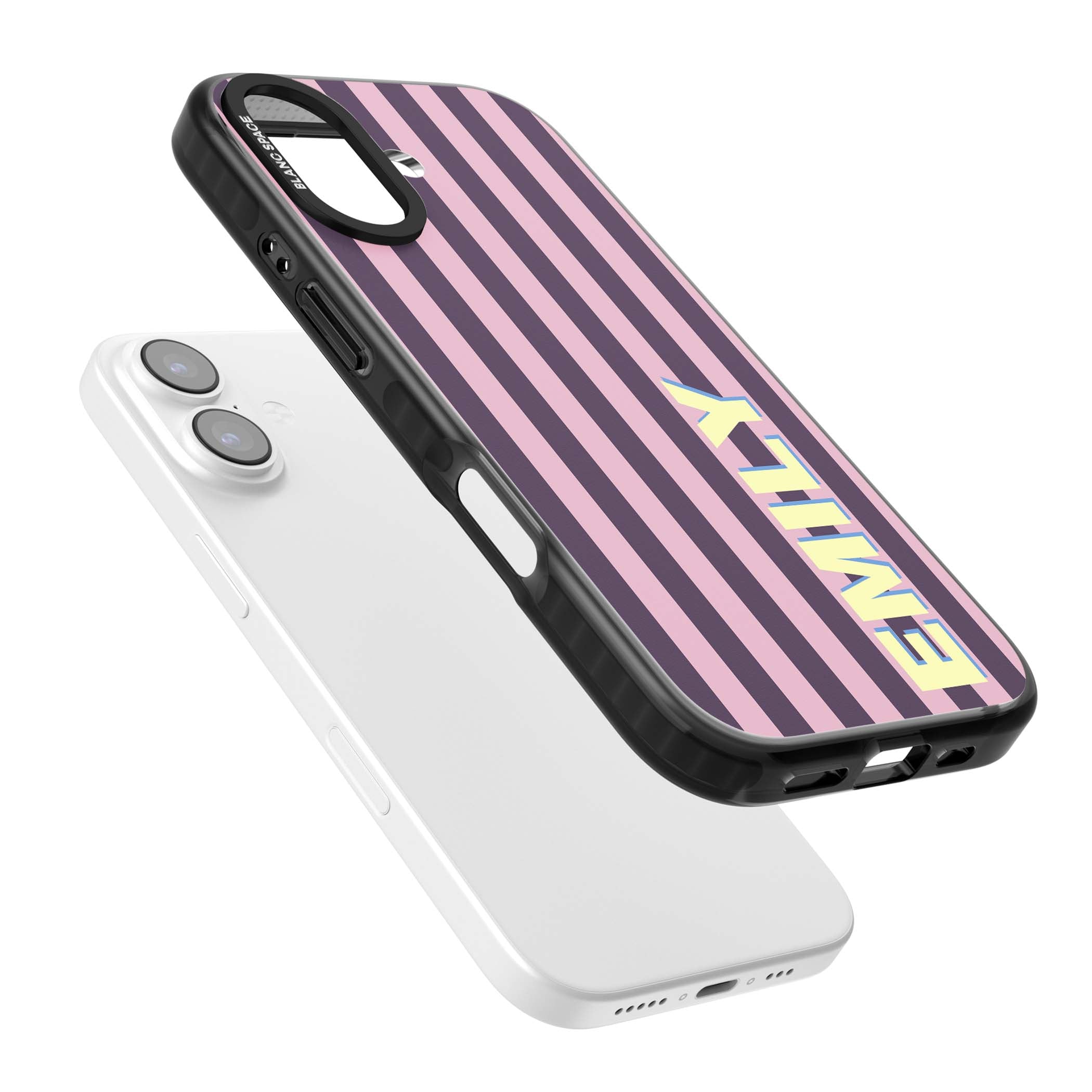 Tyre Stripe personalised stripe iPhone case with plum and pink vertical stripes and custom yellow name | Black Impact Magsafe case for iPhone 17