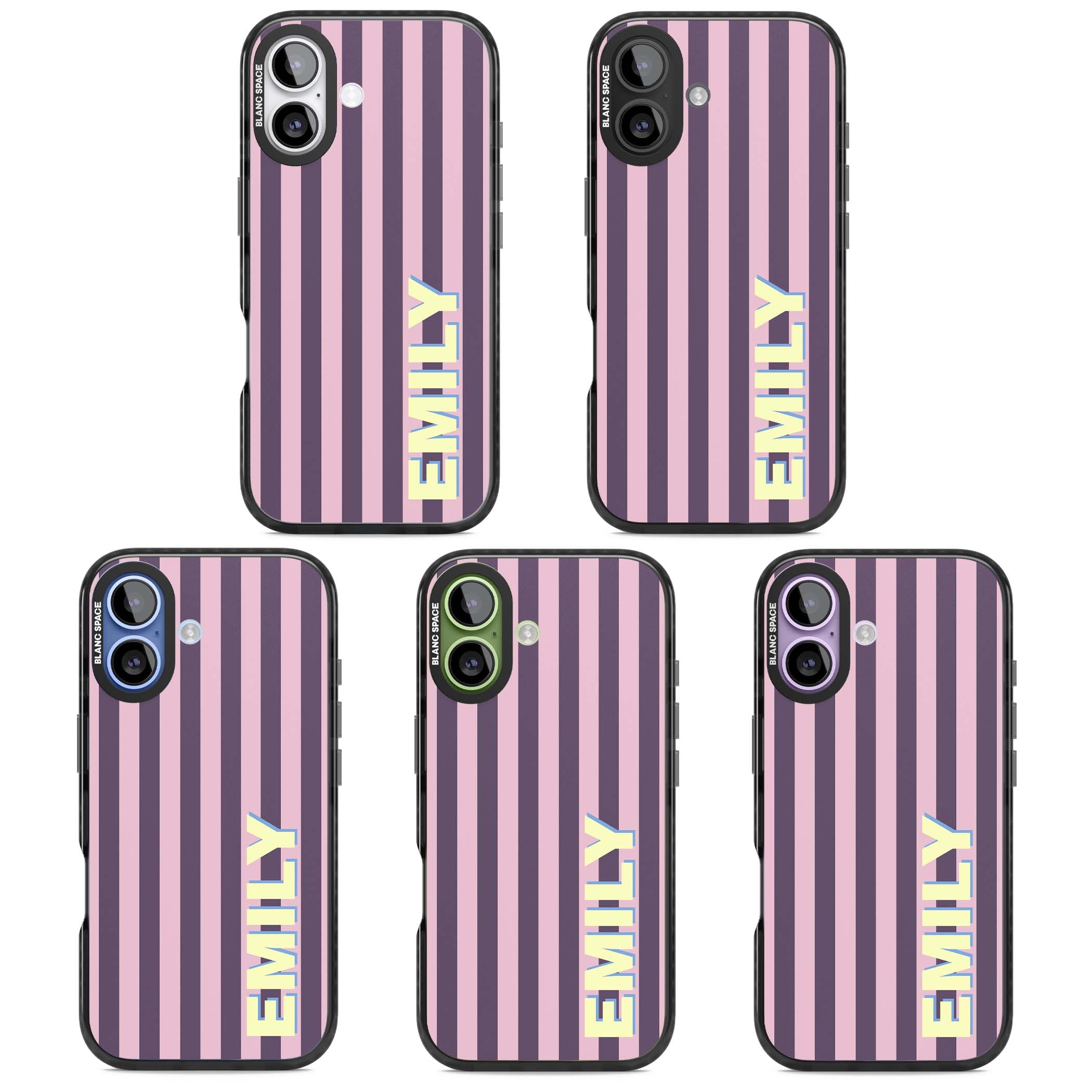 Tyre Stripe personalised stripe iPhone case with plum and pink vertical stripes and custom yellow name | Black Impact Magsafe case for iPhone 17