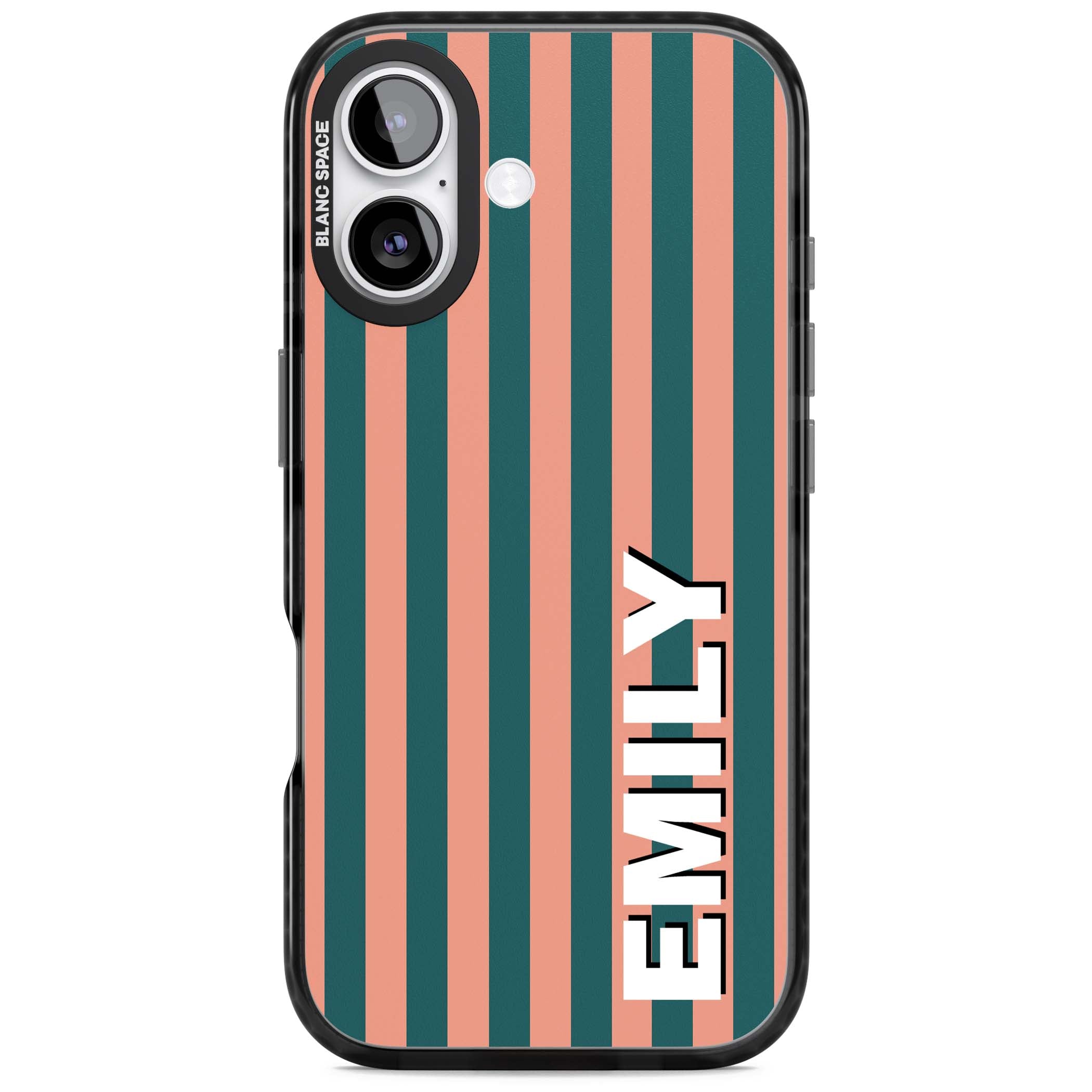Tuscan Stripe personalised iPhone case featuring coral and green vertical stripes with bold custom name | Black Impact Magsafe case for iPhone 17