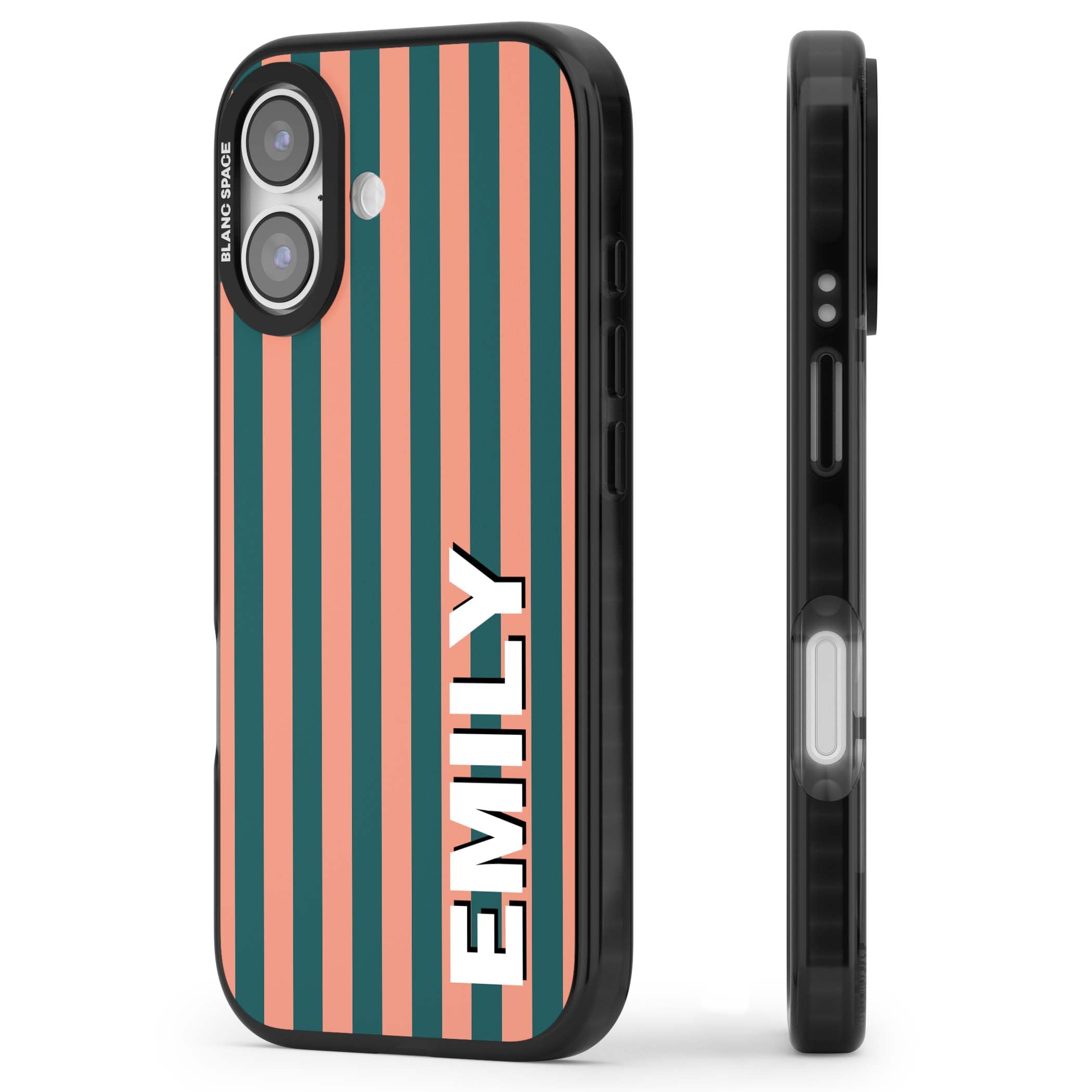 Tuscan Stripe personalised iPhone case featuring coral and green vertical stripes with bold custom name | Black Impact Magsafe case for iPhone 17