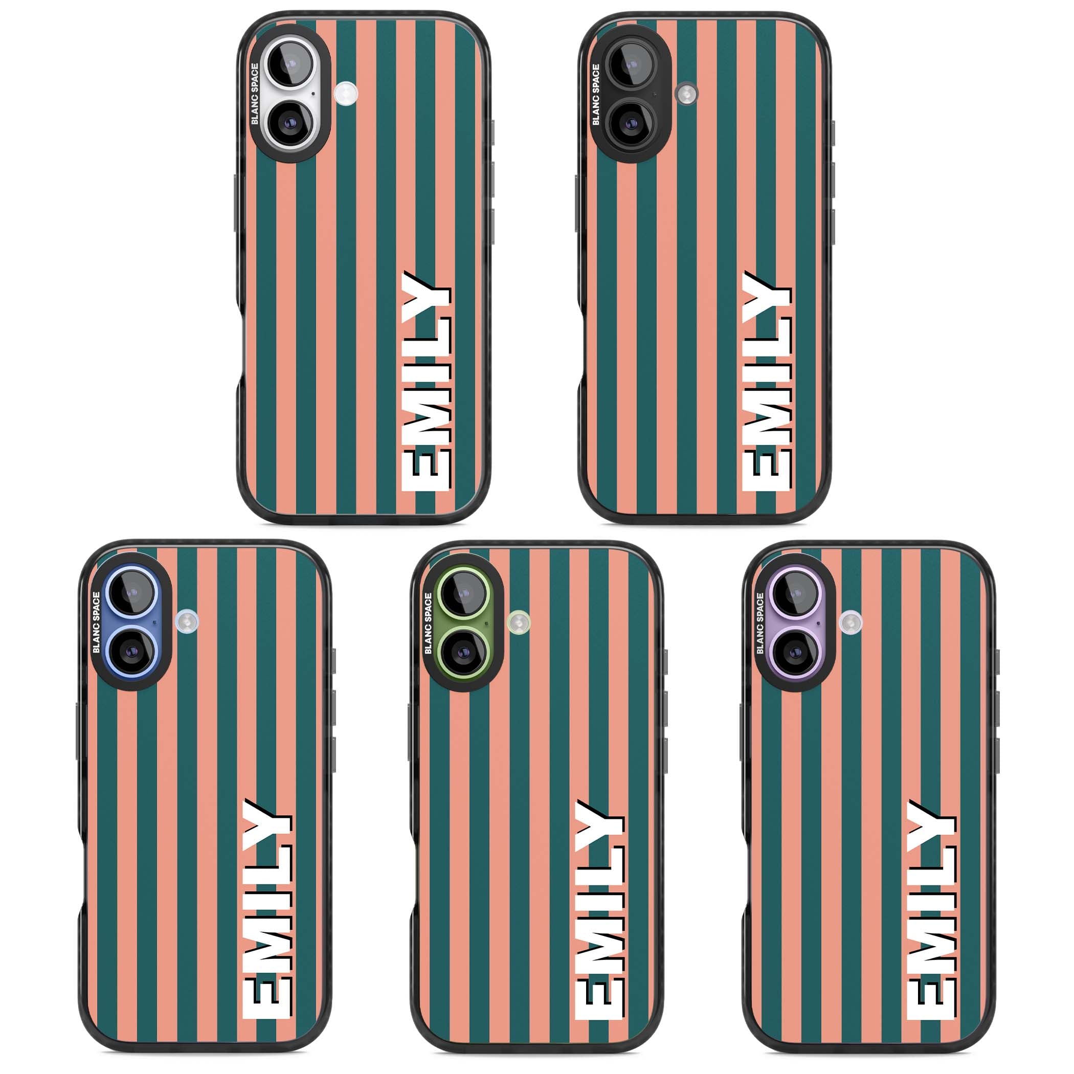 Tuscan Stripe personalised iPhone case featuring coral and green vertical stripes with bold custom name | Black Impact Magsafe case for iPhone 17