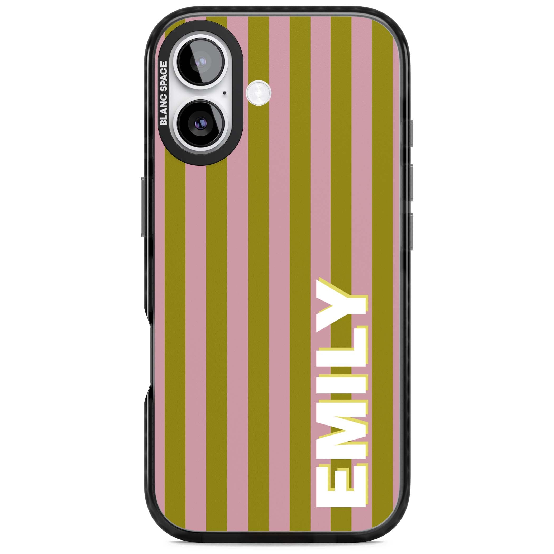 Istanbul Stripe personalised iPhone case featuring pink and olive green vertical stripes with a custom vertical name | Black Impact Magsafe case for iPhone 17