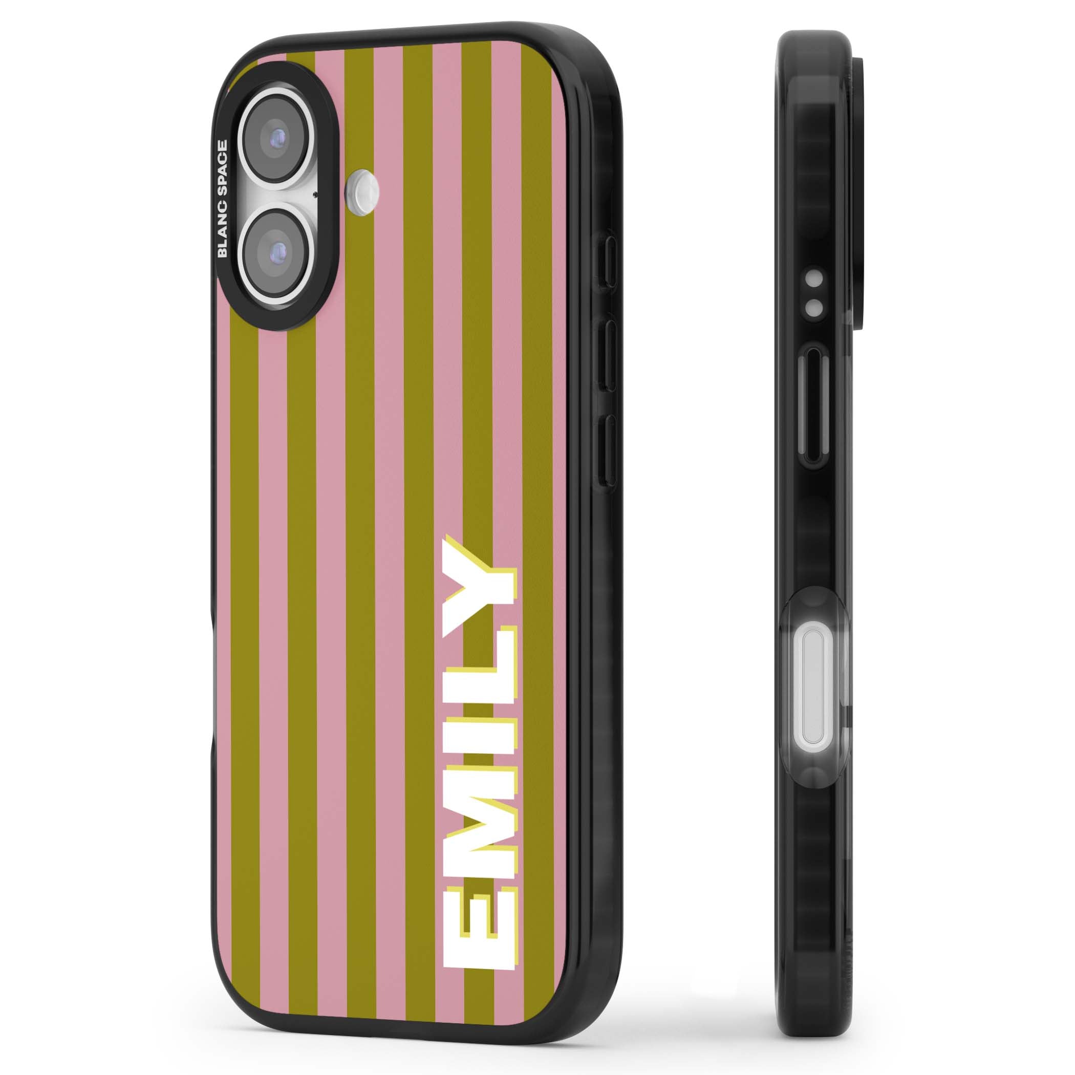 Istanbul Stripe personalised iPhone case featuring pink and olive green vertical stripes with a custom vertical name | Black Impact Magsafe case for iPhone 17