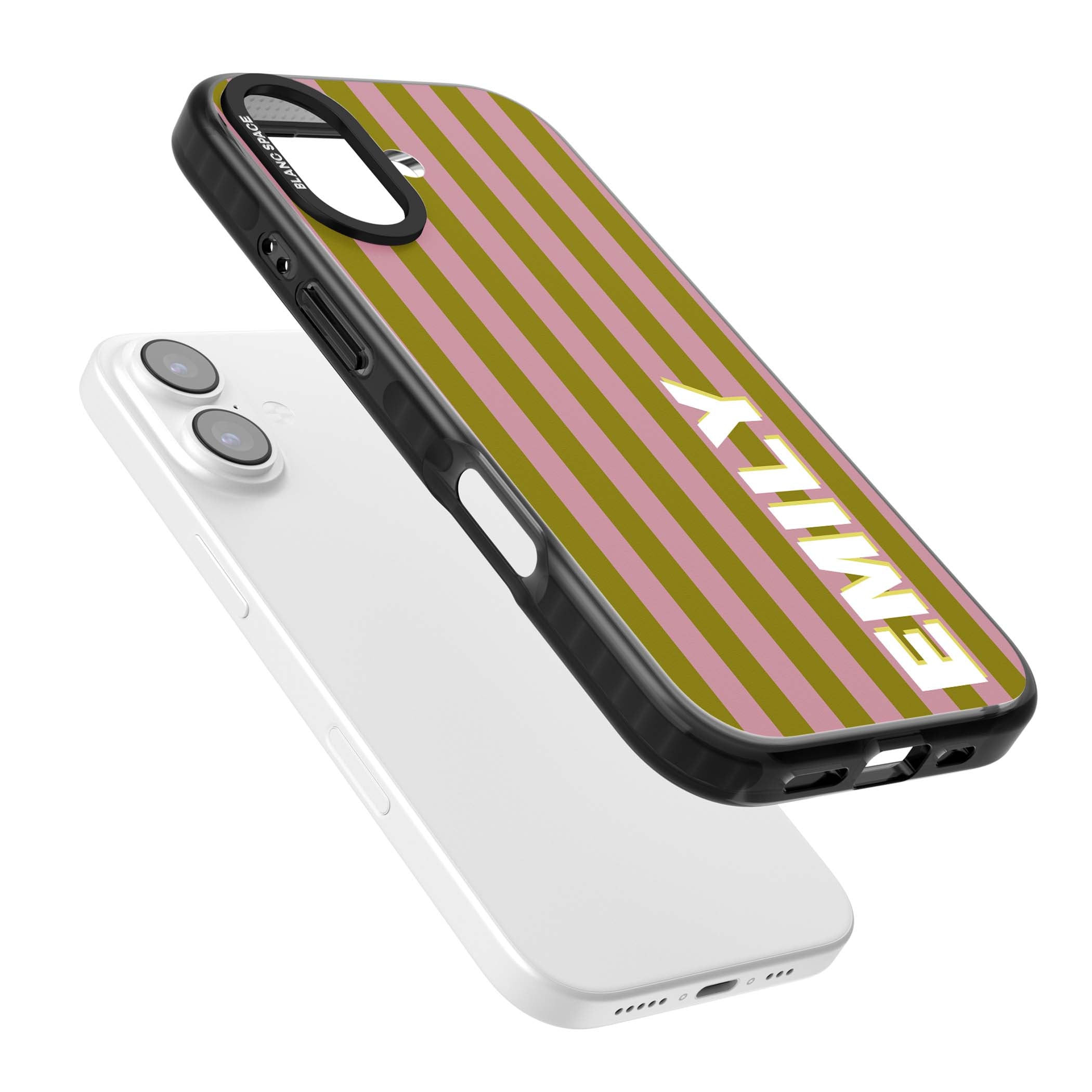 Istanbul Stripe personalised iPhone case featuring pink and olive green vertical stripes with a custom vertical name | Black Impact Magsafe case for iPhone 17