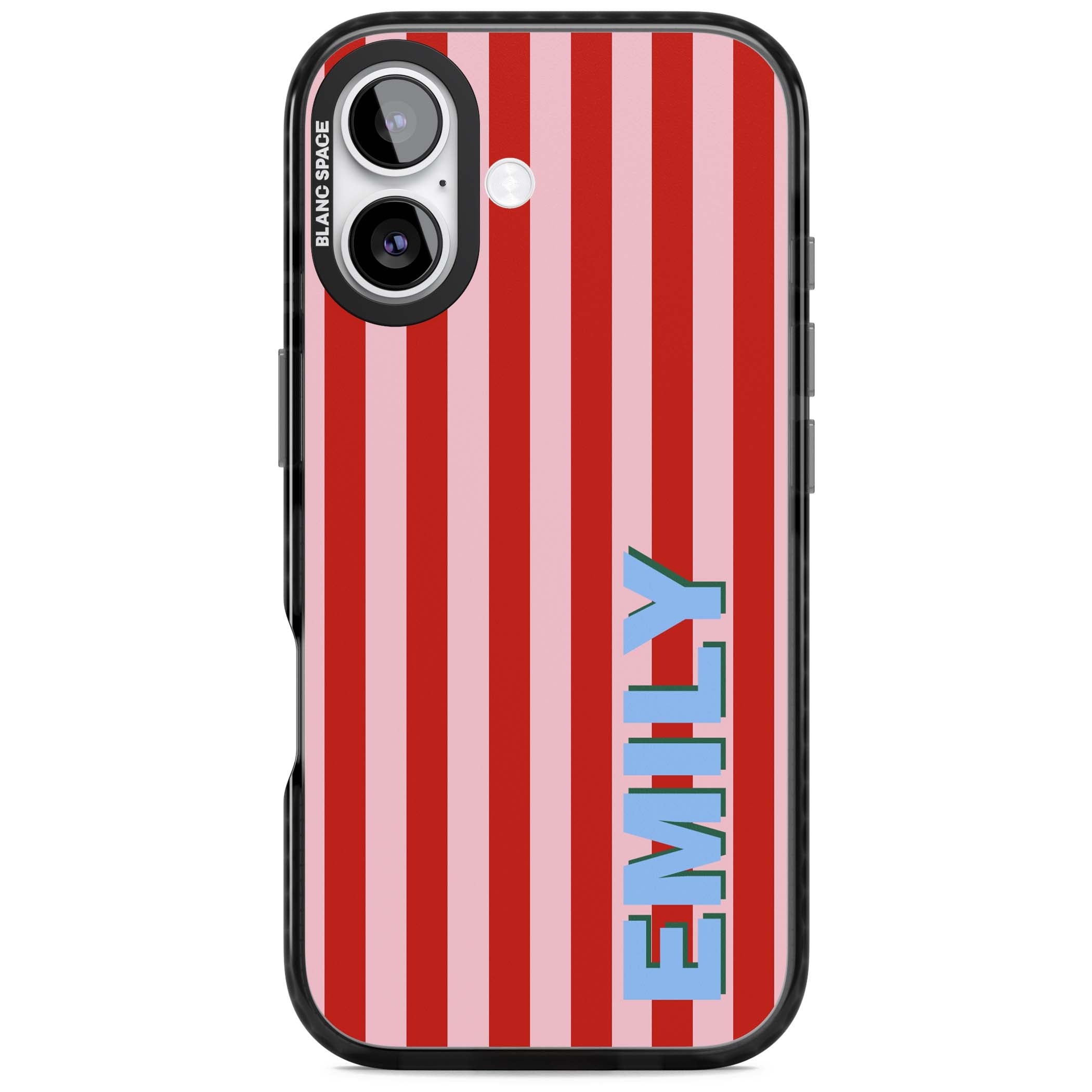 Market Stripe personalised iPhone case with red and pink vertical stripes and custom blue name | Black Impact Magsafe case for iPhone 17