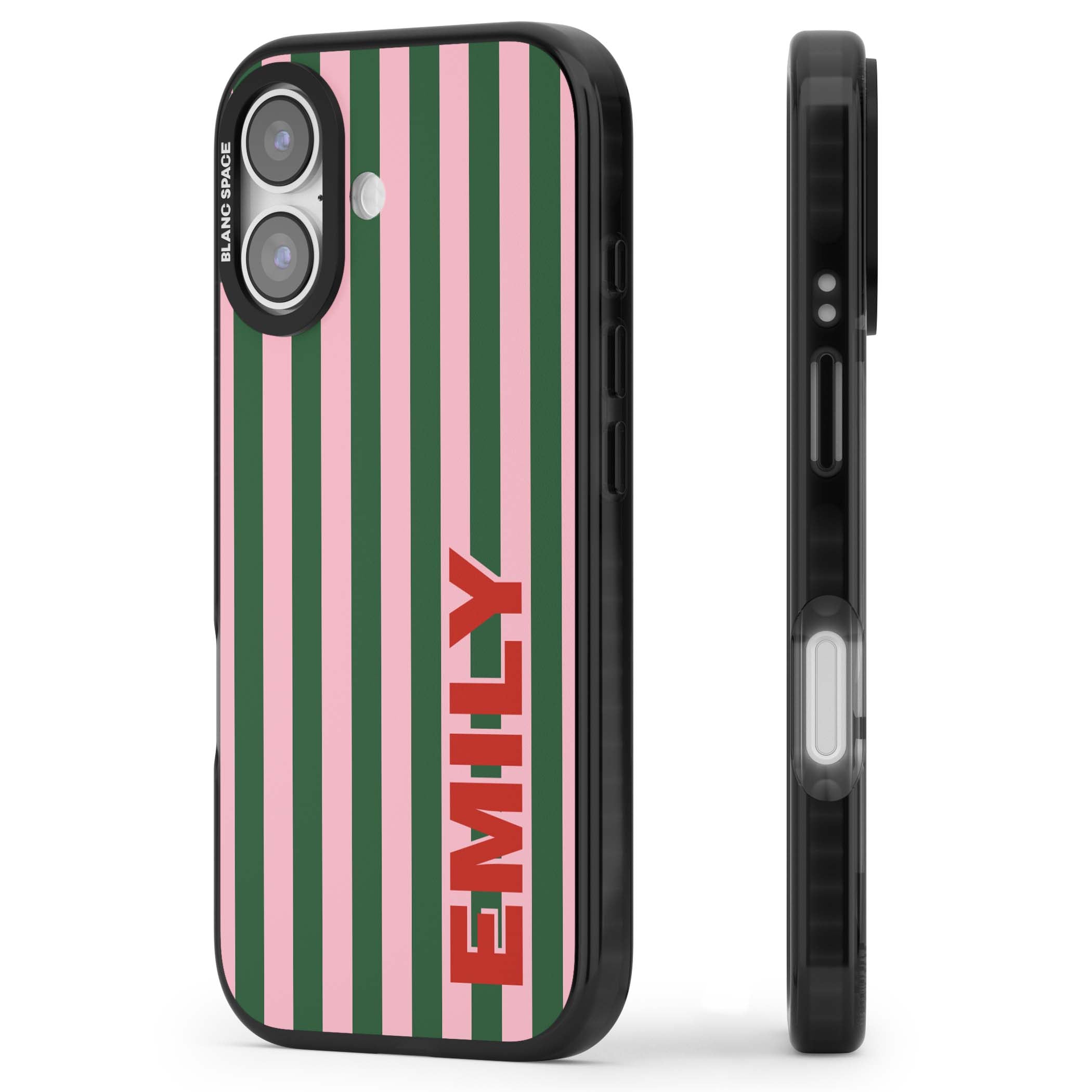 Italian Stripe preppy iPhone case featuring pink and green vertical stripes with personalised red name | Black Impact Magsafe case for iPhone 17