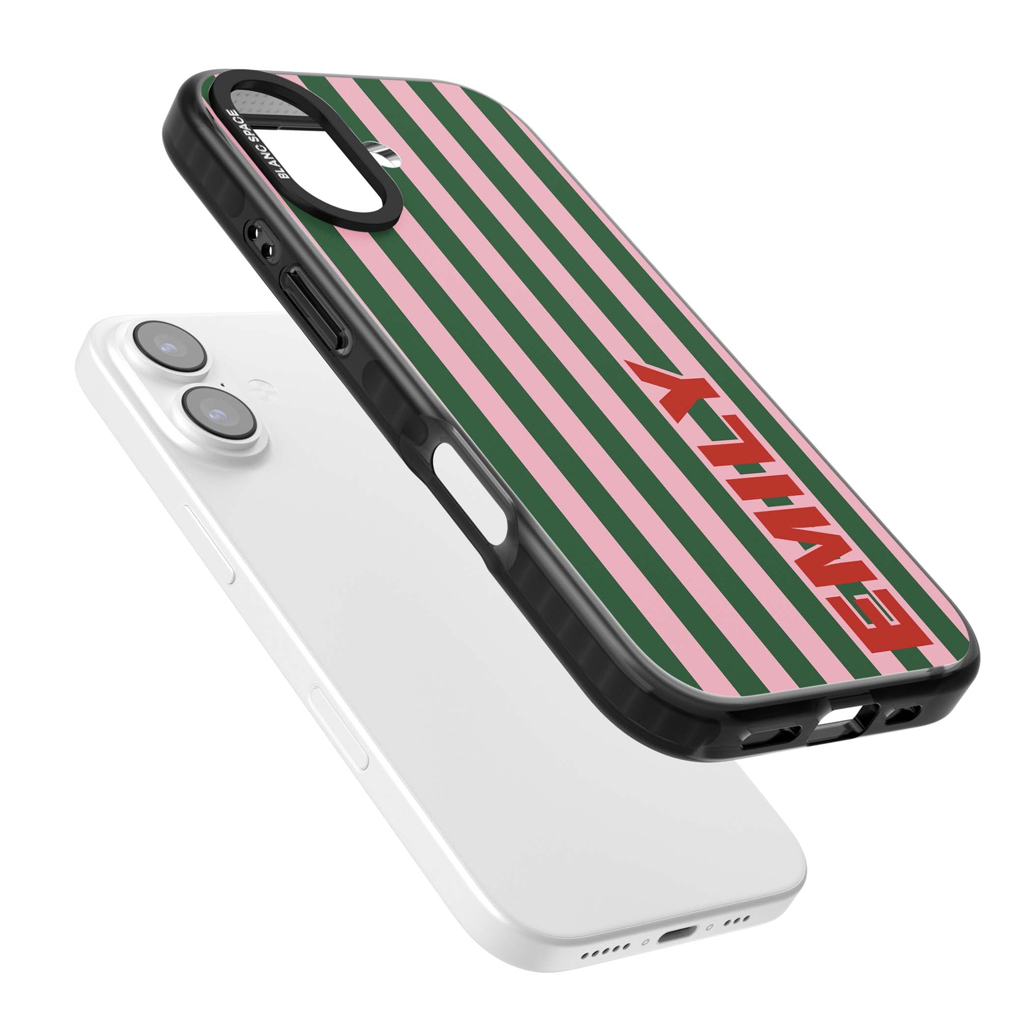 Italian Stripe preppy iPhone case featuring pink and green vertical stripes with personalised red name | Black Impact Magsafe case for iPhone 17