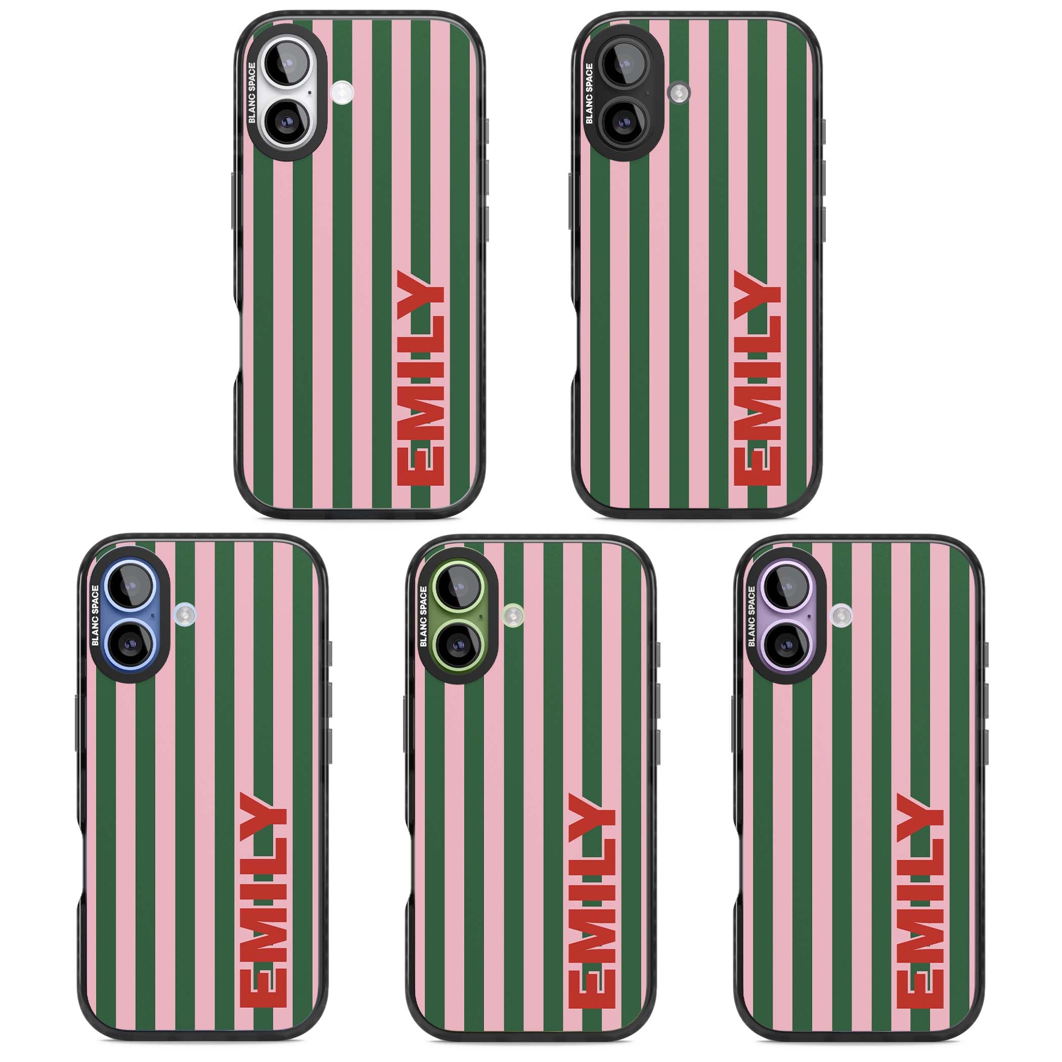 Italian Stripe preppy iPhone case featuring pink and green vertical stripes with personalised red name | Black Impact Magsafe case for iPhone 17