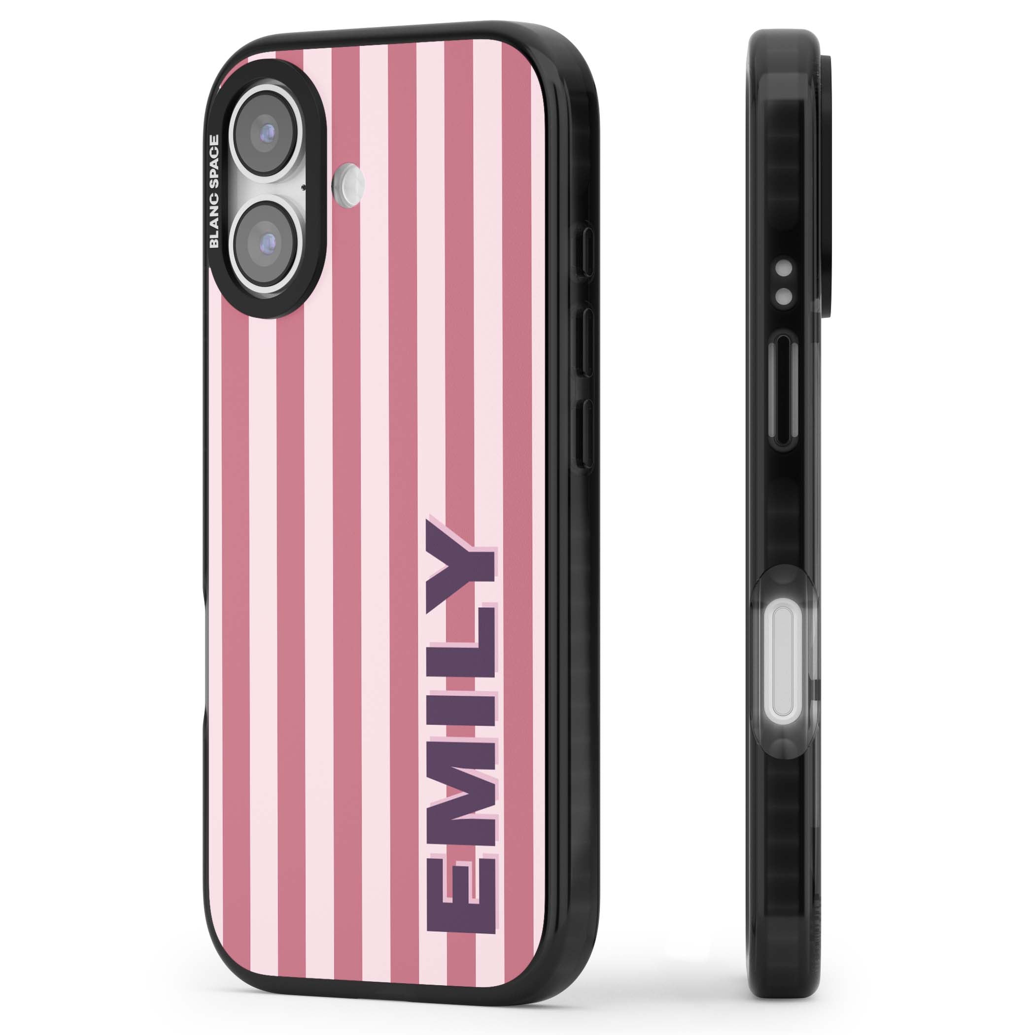 Victoria Stripe personalised iPhone case featuring pink vertical stripes and custom name in bold plum lettering | Black Impact Magsafe case for iPhone 17