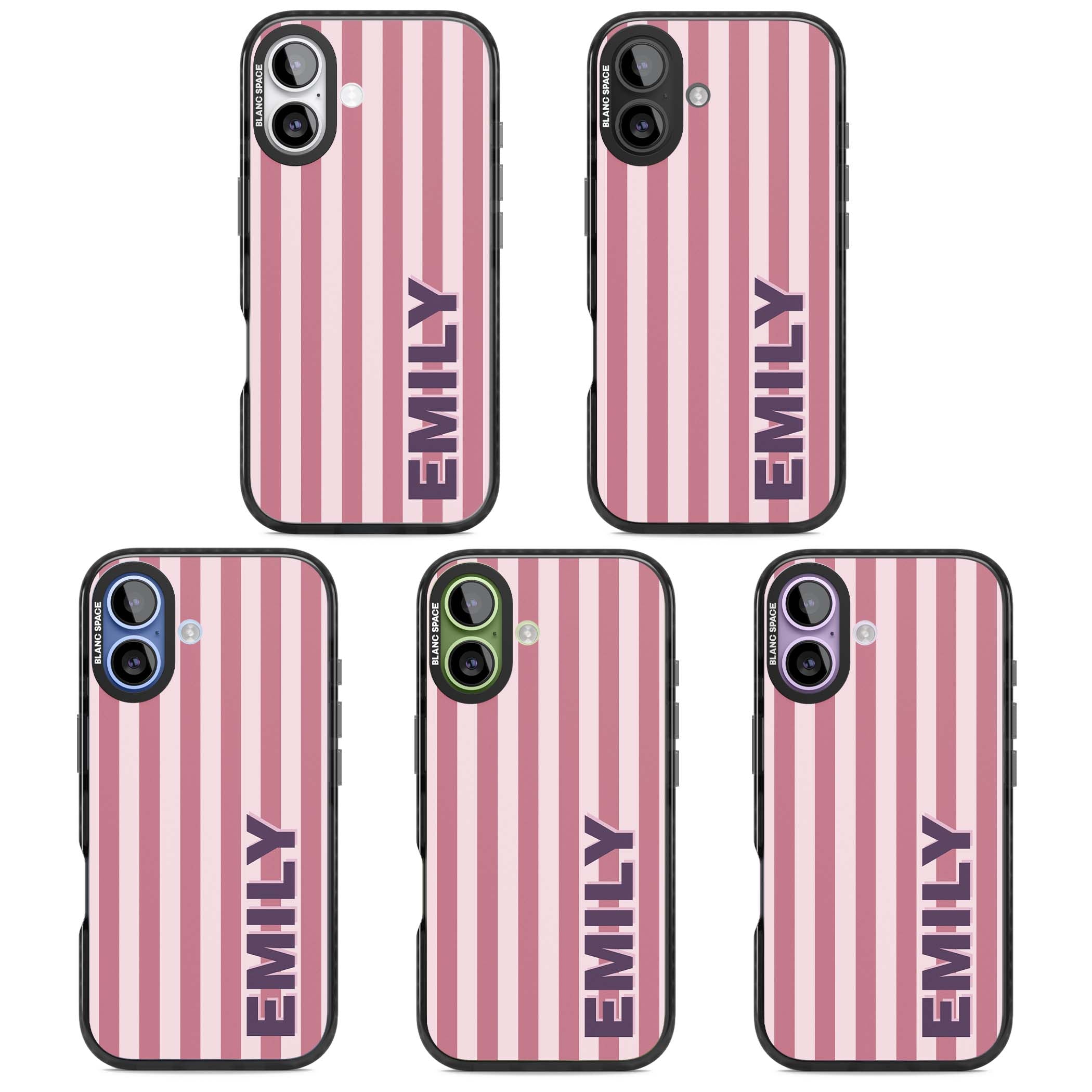 Victoria Stripe personalised iPhone case featuring pink vertical stripes and custom name in bold plum lettering | Black Impact Magsafe case for iPhone 17
