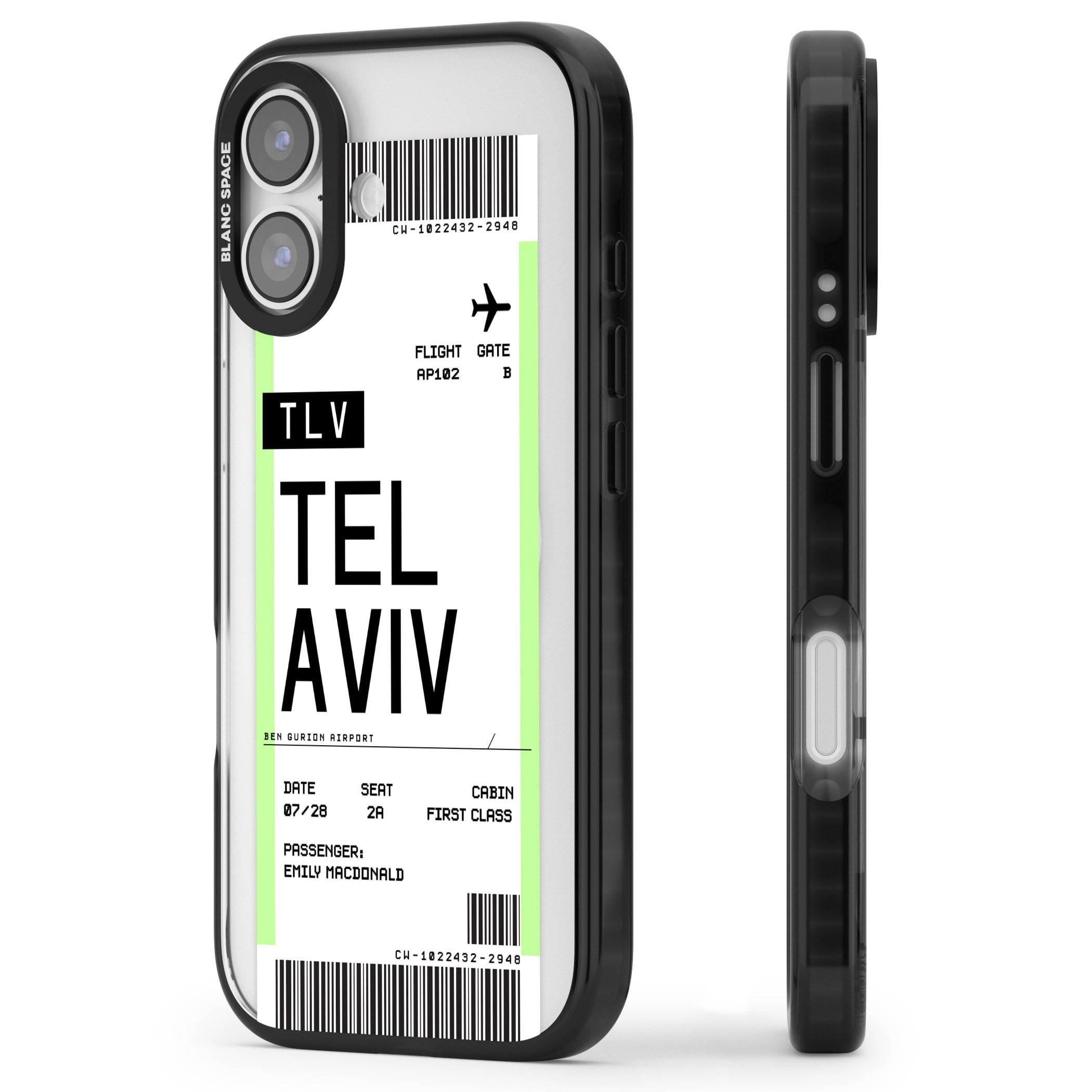 Personalised Tel Aviv Boarding Pass iPhone 17 Impact Pro Black Phone Case Side Profile