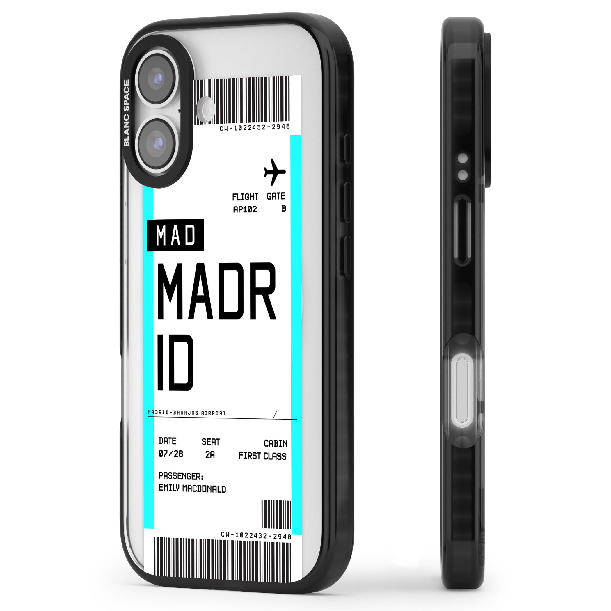 Personalised Madrid Boarding Pass iPhone 17 Impact Pro Black Phone Case Side Profile