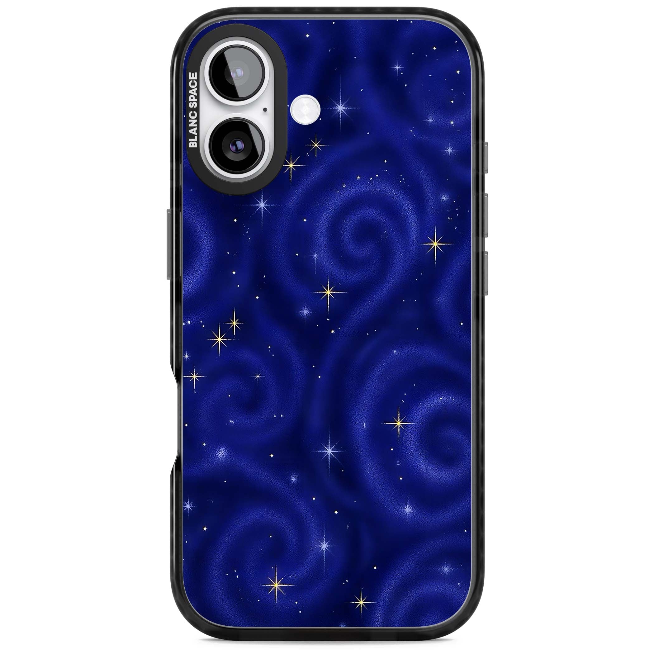 Indigo Cosmos celestial iPhone case featuring swirling navy night sky and sparkling golden stars | Black Impact Magsafe case for iPhone 17