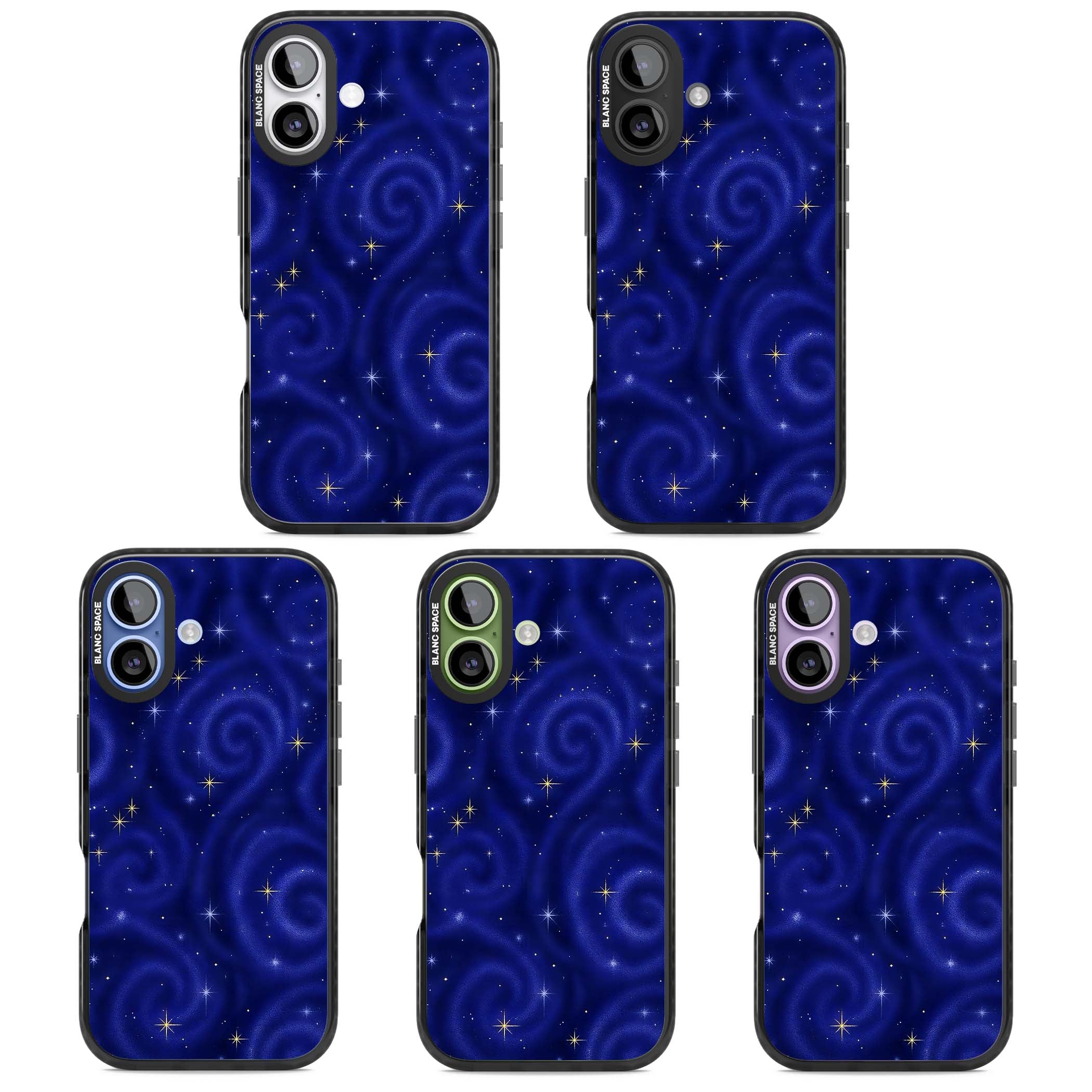 Indigo Cosmos celestial iPhone case featuring swirling navy night sky and sparkling golden stars | Black Impact Magsafe case for iPhone 17