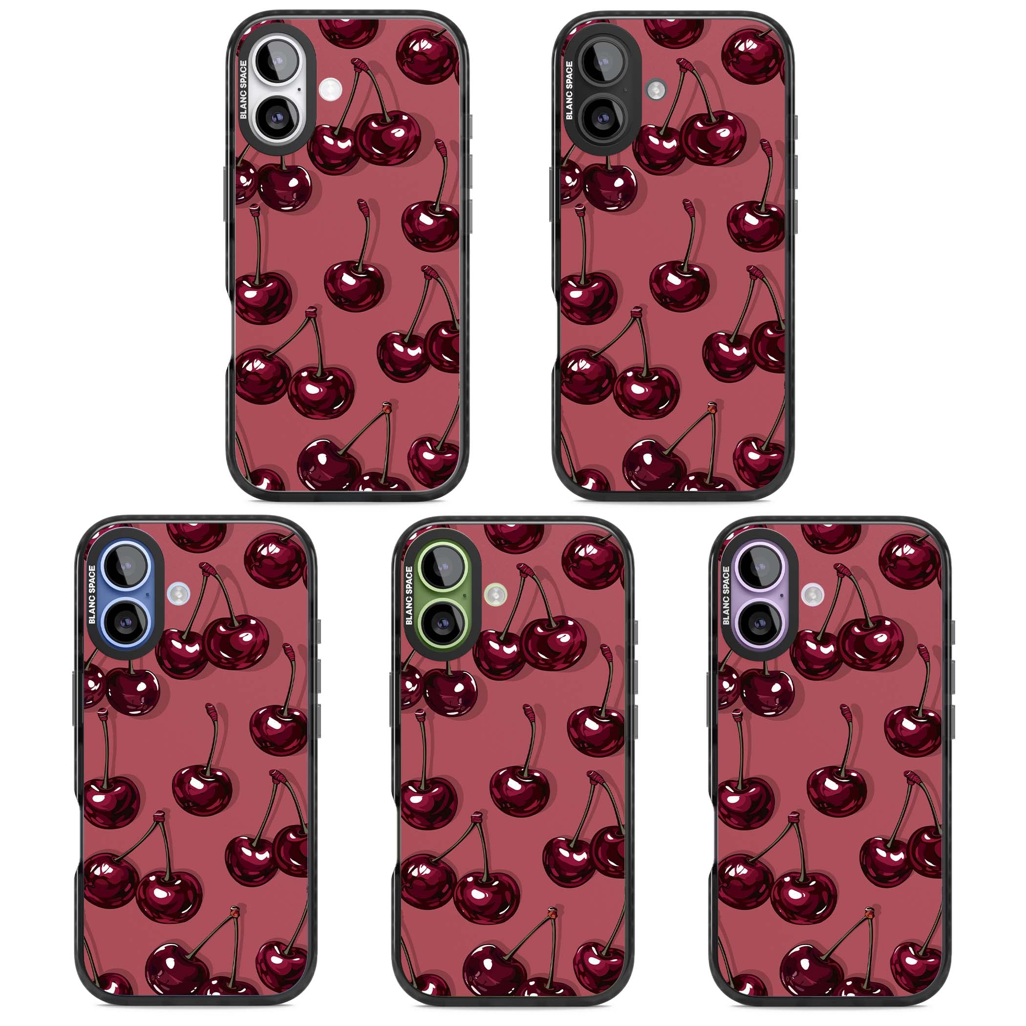 Cherry Rebel coquette iPhone case featuring glossy burgundy cherries on a dusty rose background | Black Impact Magsafe case for iPhone 17