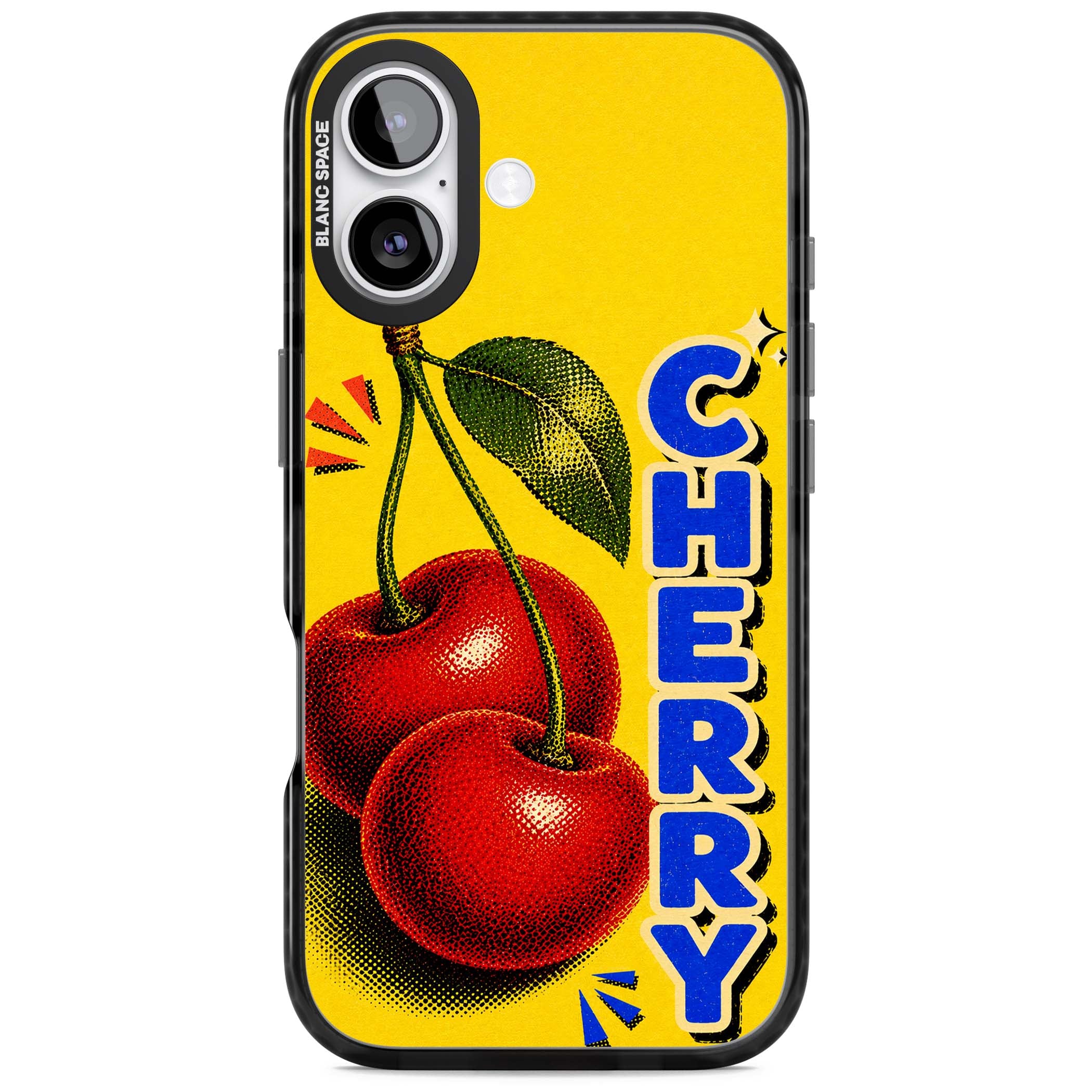 Cherry Yellow y2k iPhone case featuring two red cherries, halftone shading and bold blue CHERRY lettering on yellow | Black Impact Magsafe case for iPhone 17