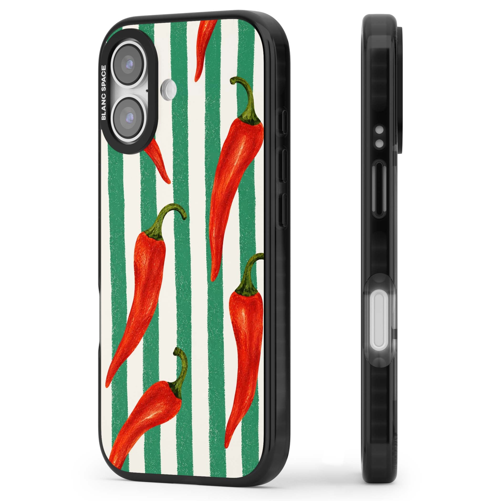 Striped Chillis coastal iPhone case featuring hand-painted red chili peppers on green and cream stripes | Black Impact Magsafe case for iPhone 17