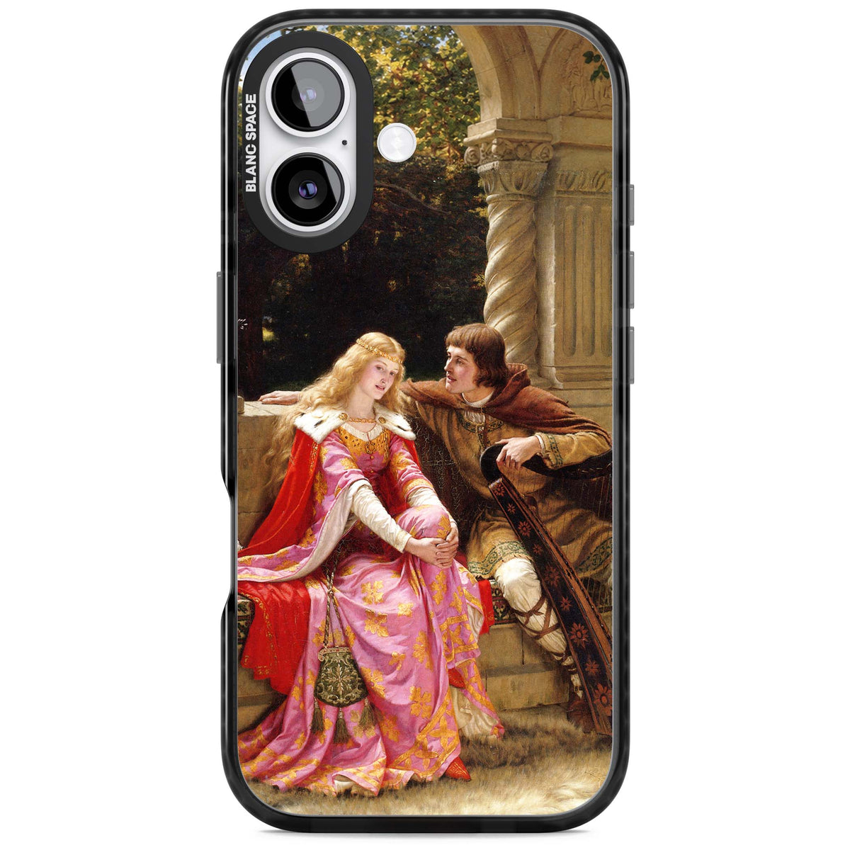 The End of the Song classic art iPhone case featuring a medieval lady in pink gown and her knight in a stone archway | Black Impact Magsafe case for iPhone 17