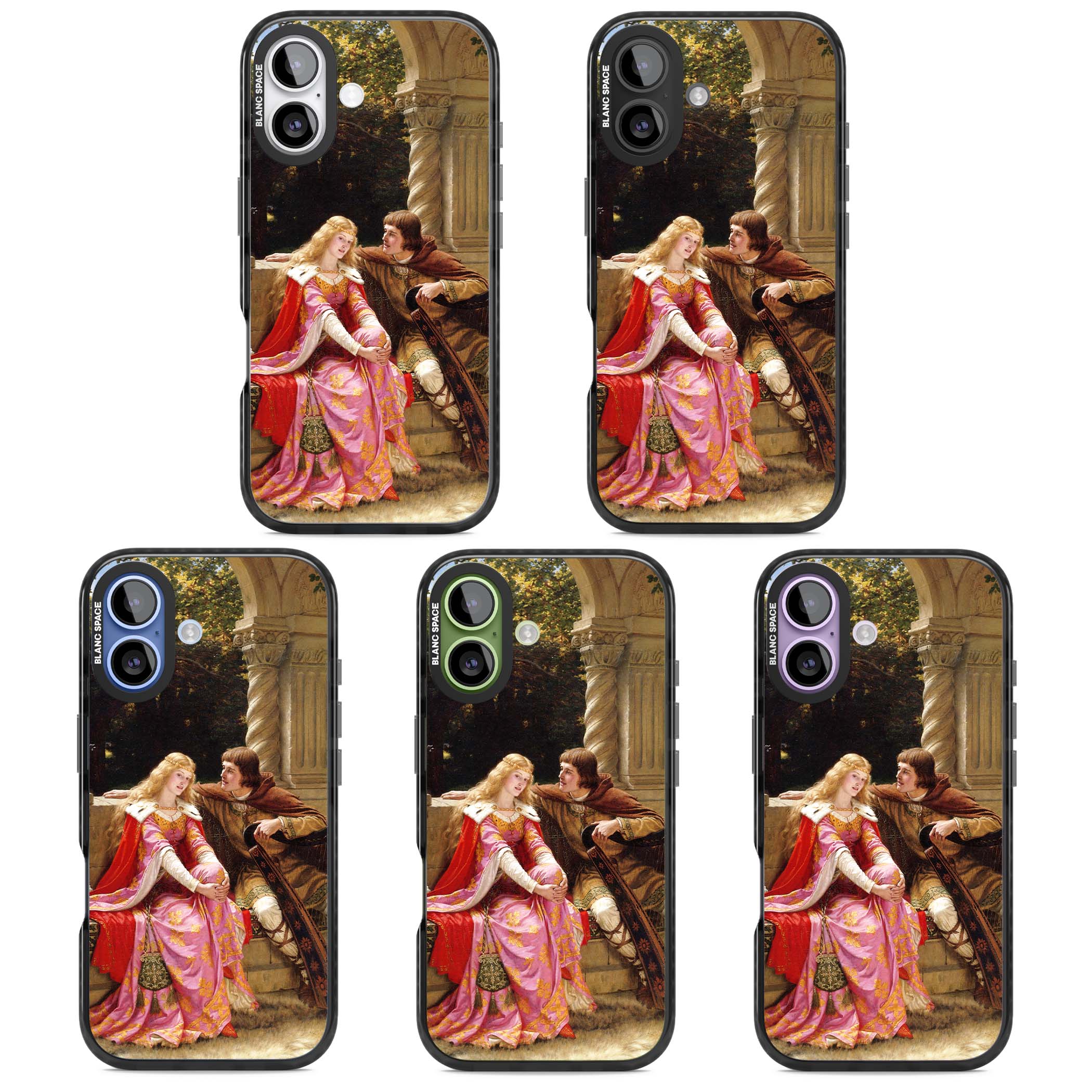 The End of the Song classic art iPhone case featuring a medieval lady in pink gown and her knight in a stone archway | Black Impact Magsafe case for iPhone 17