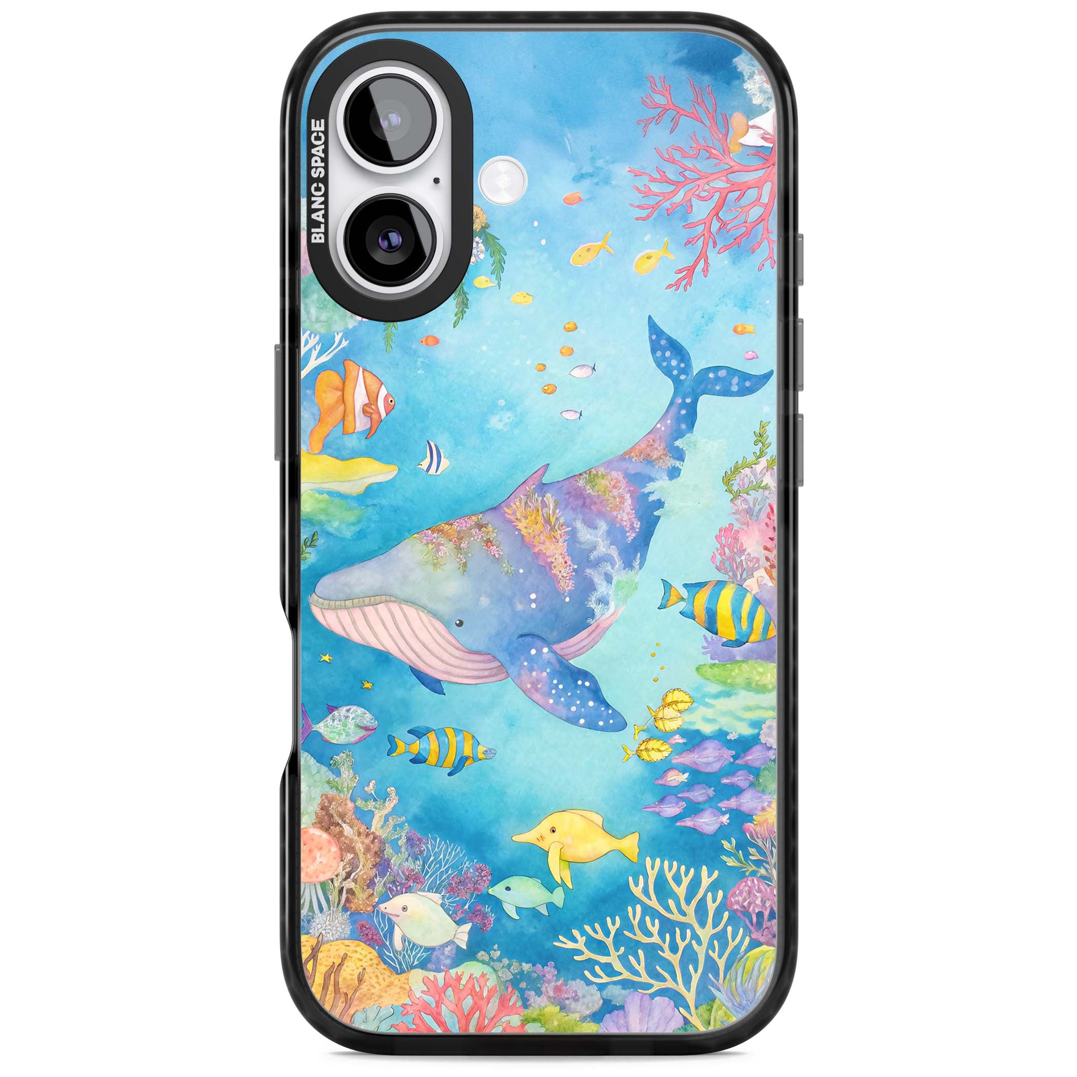 Coral Lagoon ocean iPhone case featuring a watercolour whale, coral reef and tropical fish | Black Impact Magsafe case for iPhone 17