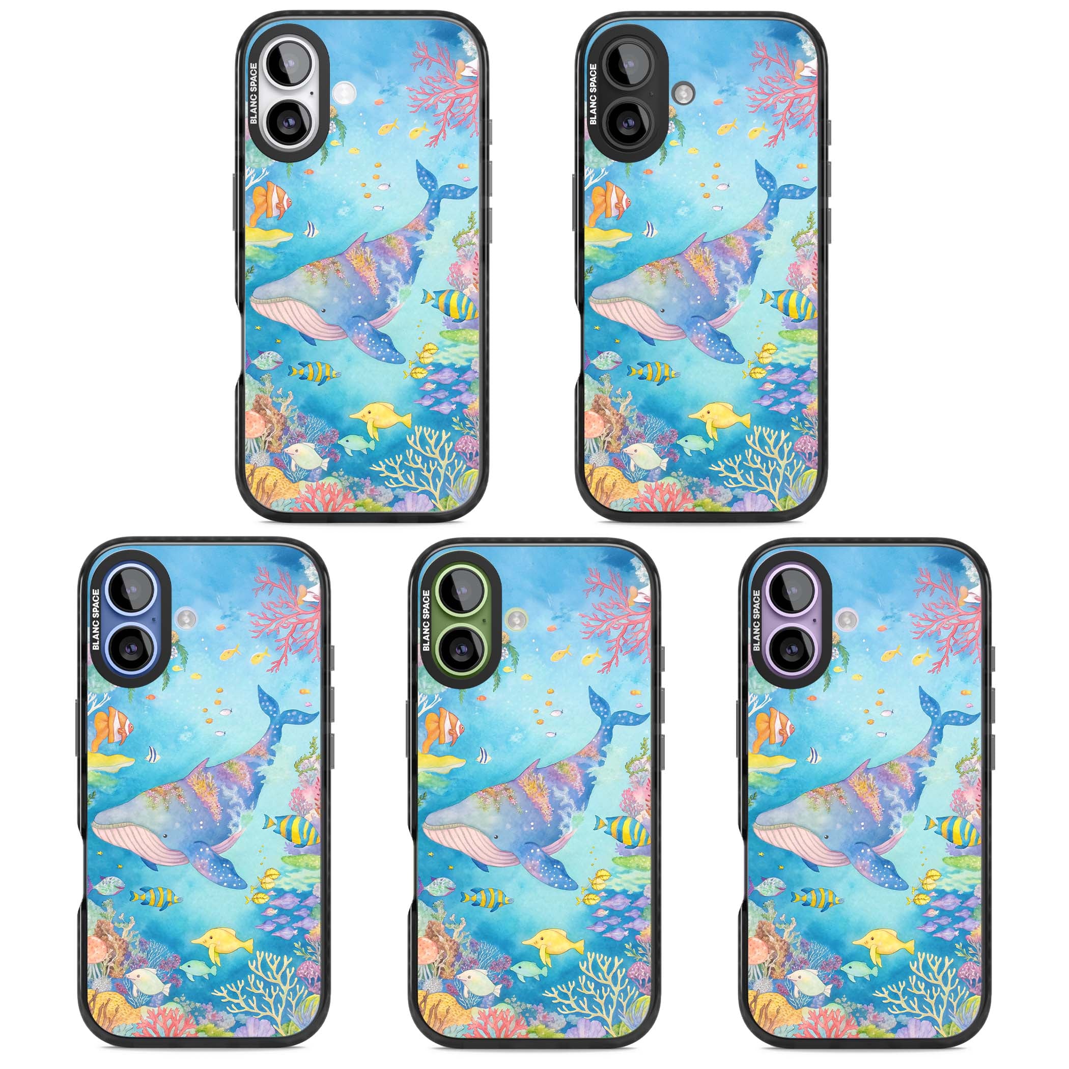 Coral Lagoon ocean iPhone case featuring a watercolour whale, coral reef and tropical fish | Black Impact Magsafe case for iPhone 17