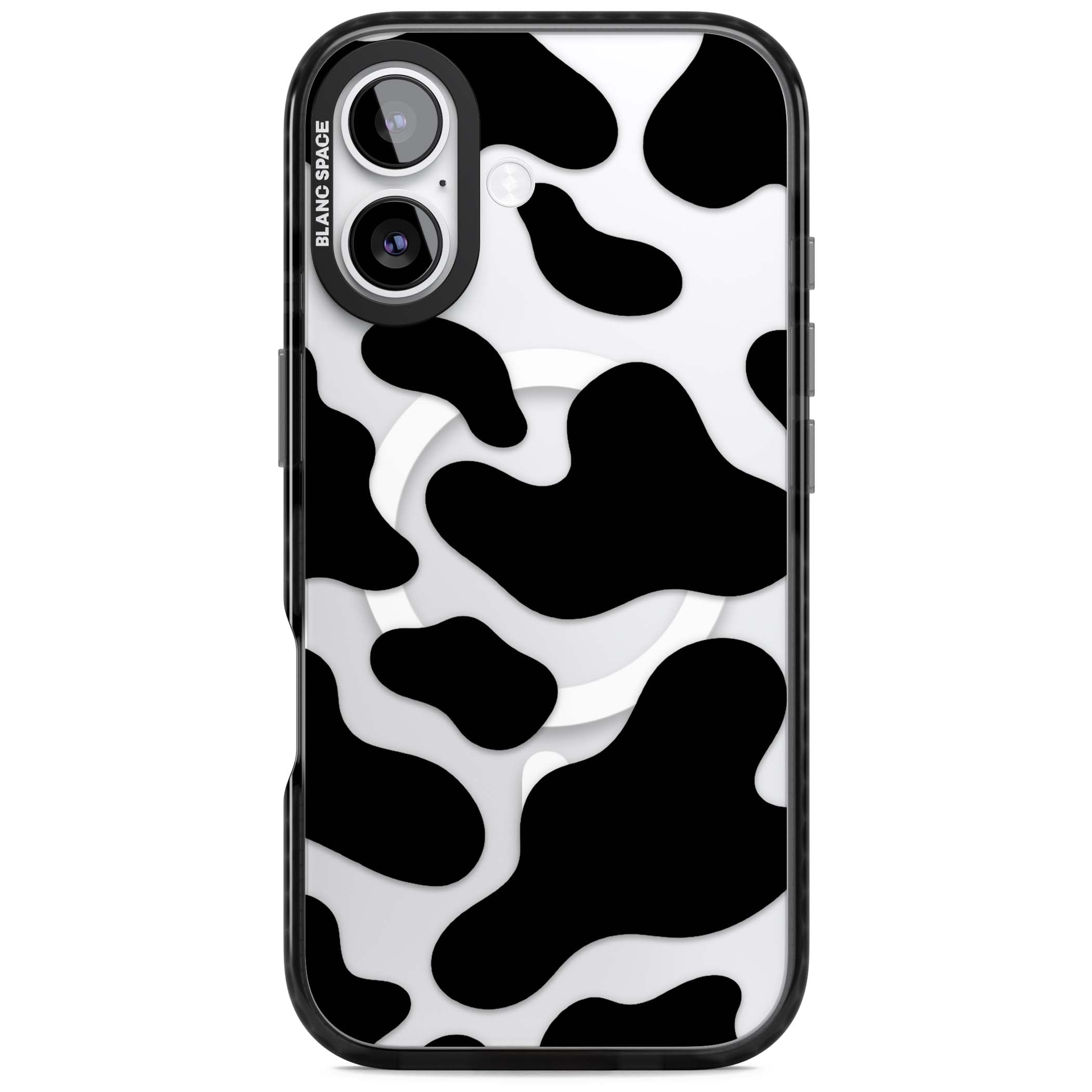 Clear Cow Print cow print iPhone case featuring black and white cow pattern splotches on a clear background | Black Impact Magsafe case for iPhone 17