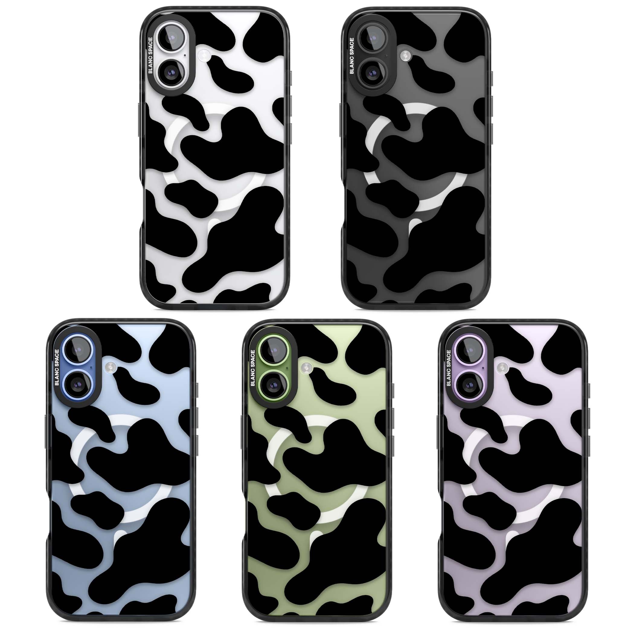 Clear Cow Print cow print iPhone case featuring black and white cow pattern splotches on a clear background | Black Impact Magsafe case for iPhone 17