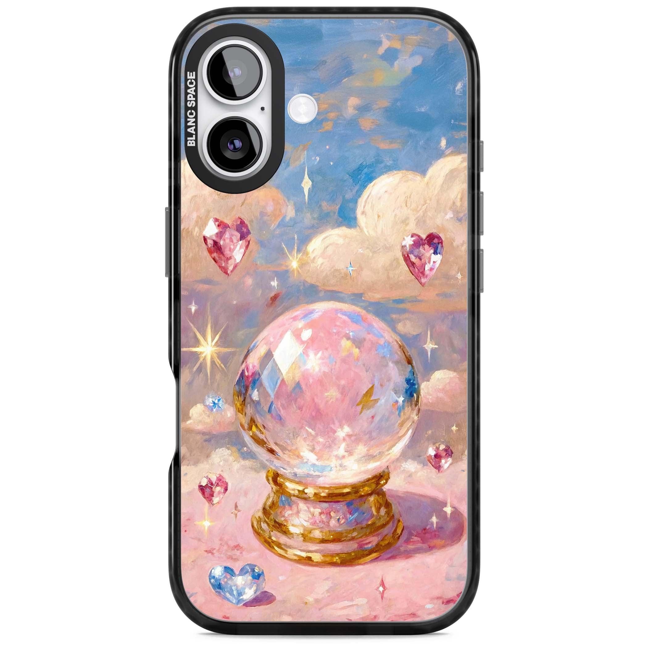 Crystal Ball fairycore iPhone case featuring a painted crystal ball, heart gemstones, and pastel clouds | Black Impact Magsafe case for iPhone 17