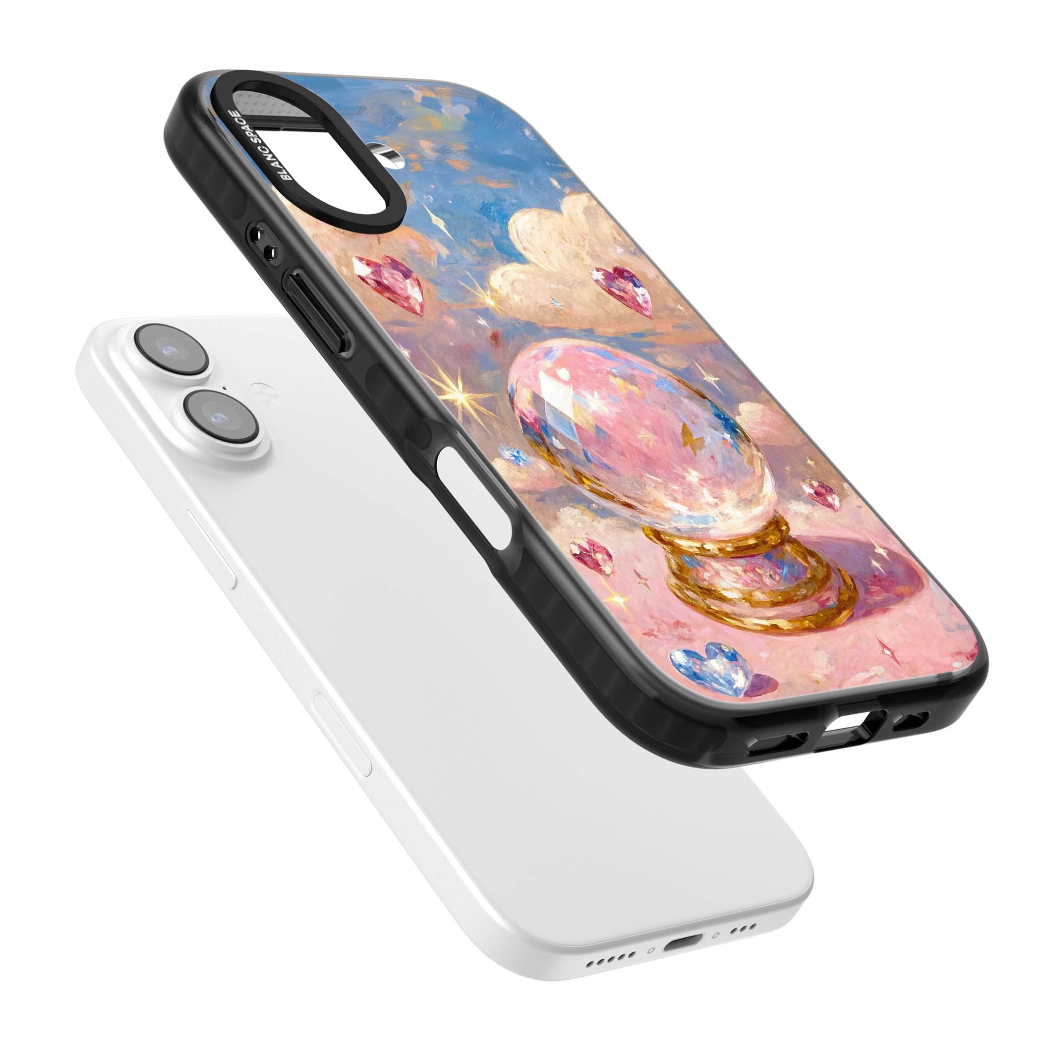 Crystal Ball fairycore iPhone case featuring a painted crystal ball, heart gemstones, and pastel clouds | Black Impact Magsafe case for iPhone 17