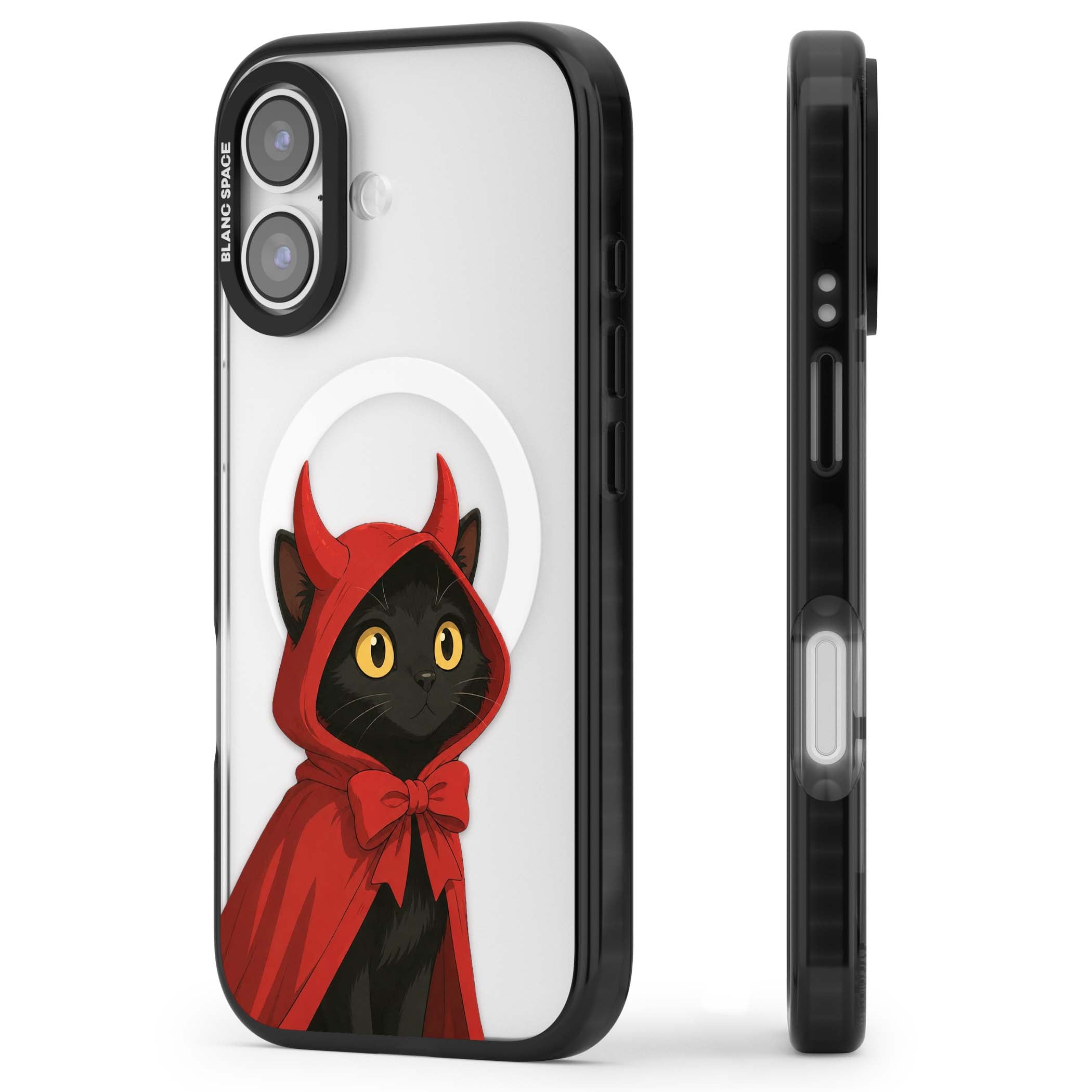 Little Devil halloween iPhone case featuring a black cat in a red hooded devil cloak with horns and golden eyes | Black Impact Magsafe case for iPhone 17