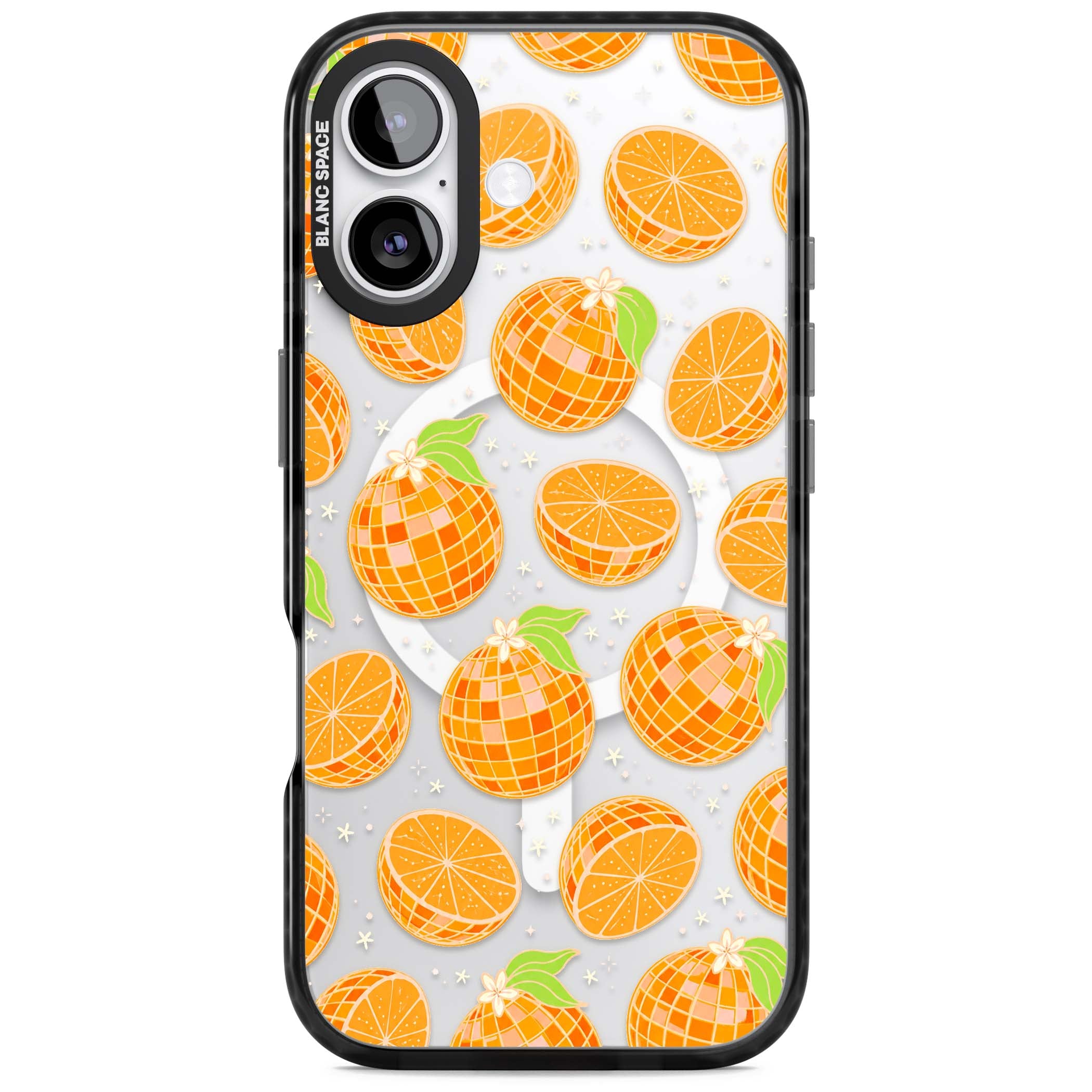 Disco Oranges retro iPhone case featuring mirrorball oranges, citrus slices and tiny blossoms on clear | Black Impact Magsafe case for iPhone 17